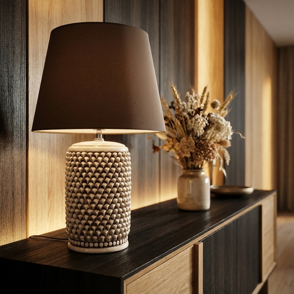 Lume Pigna Cilindro in Ceramica di Caltagirone h 60 cm — Madreperla Antichizzato