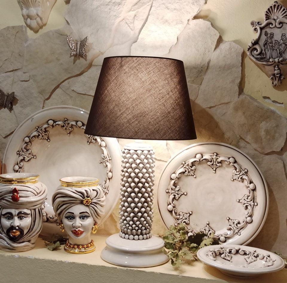 Lamp pine cone cylinder h 60 Antiqued Mother-of-pearl in Caltagirone ceramic