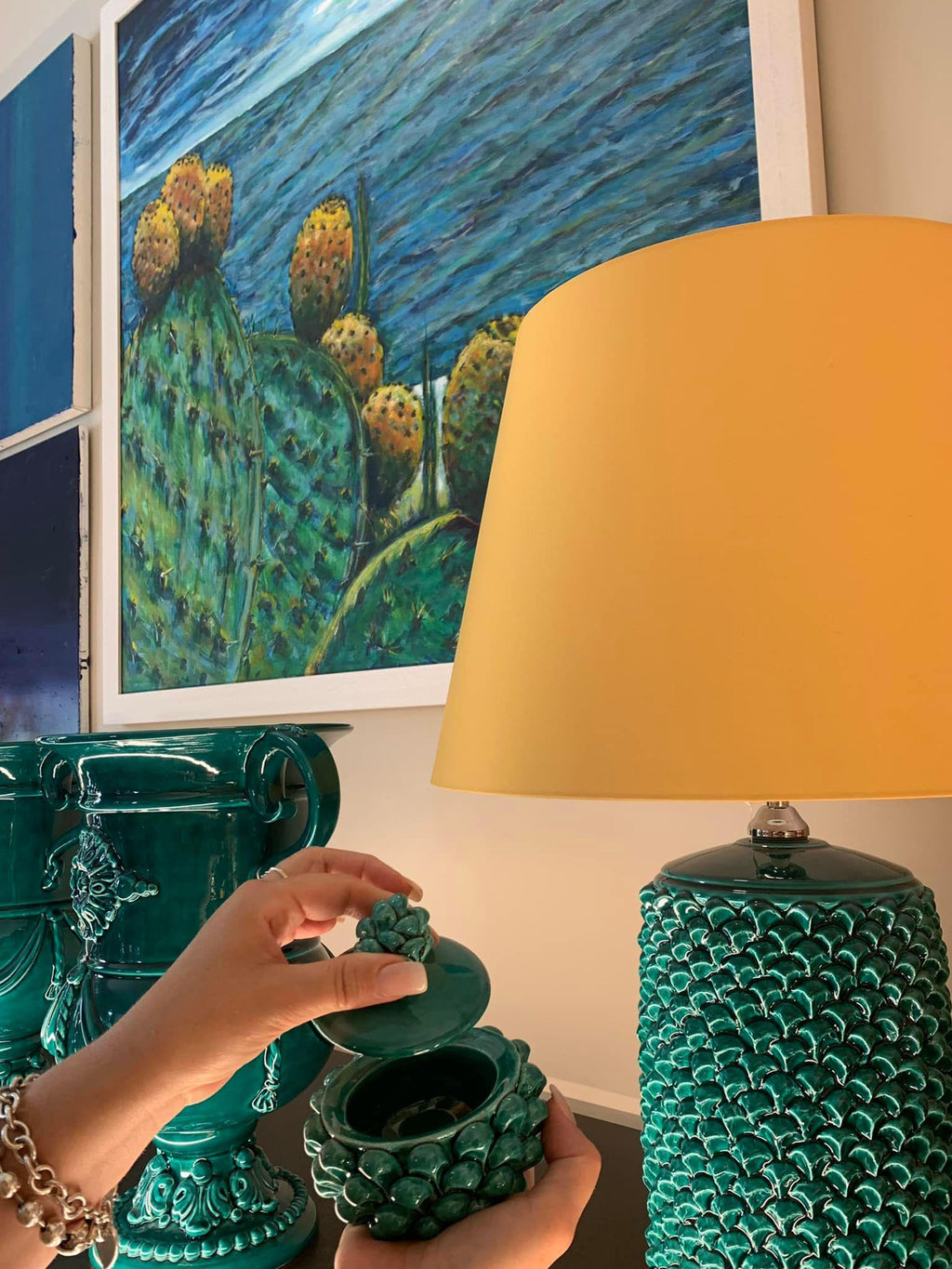 Lume Pigna Cilindro in Ceramica di Caltagirone h 60 cm — Verde Smeraldo