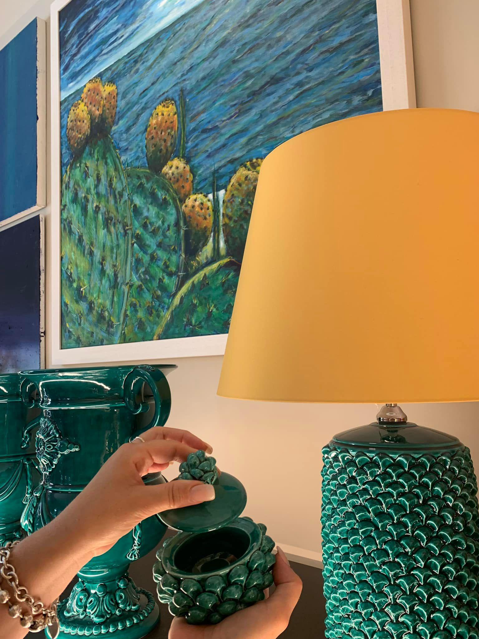 Lume Pigna Cilindro in Ceramica di Caltagirone h 60 cm — Verde Smeraldo