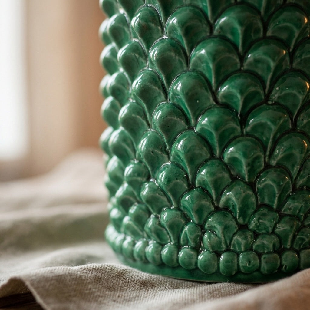 Lume Pigna Cilindro in Ceramica di Caltagirone h 60 cm — Verde Smeraldo