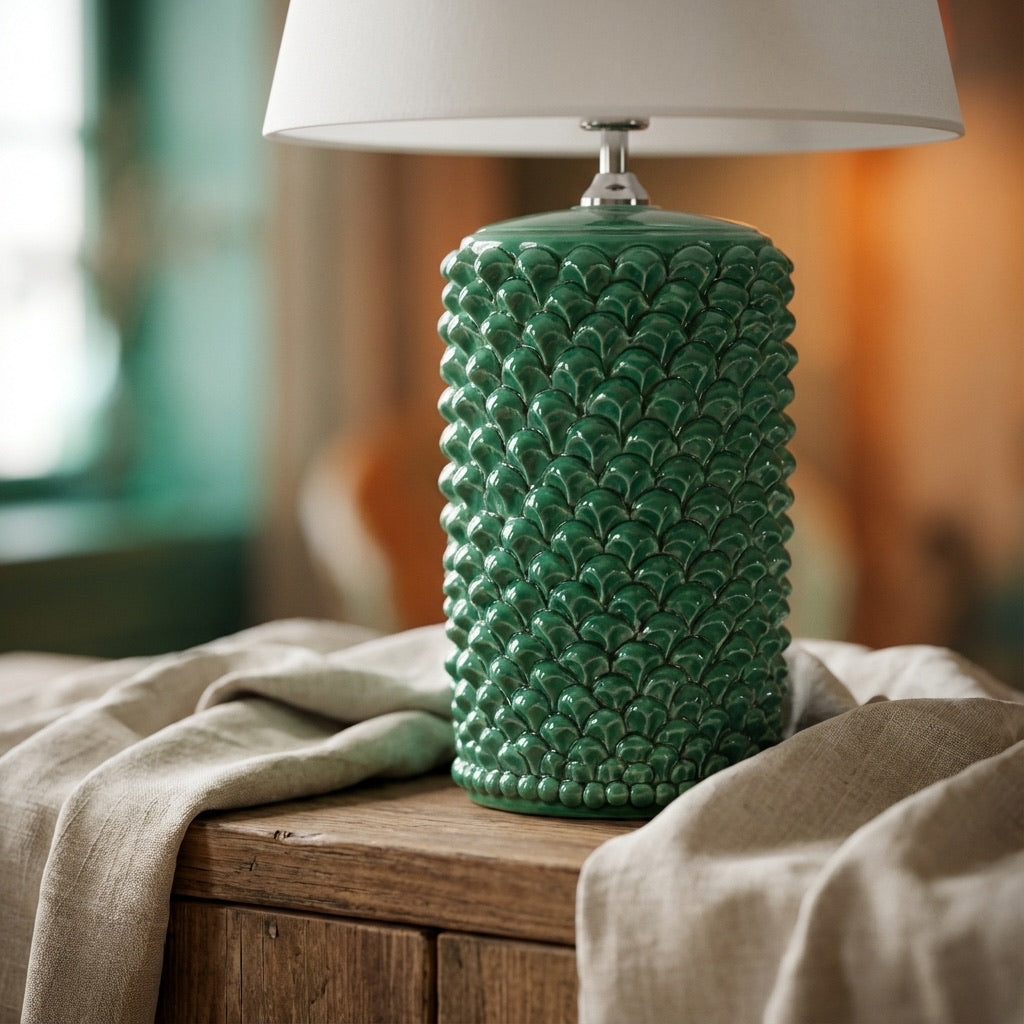 Lume Pigna Cilindro in Ceramica di Caltagirone h 60 cm — Verde Smeraldo