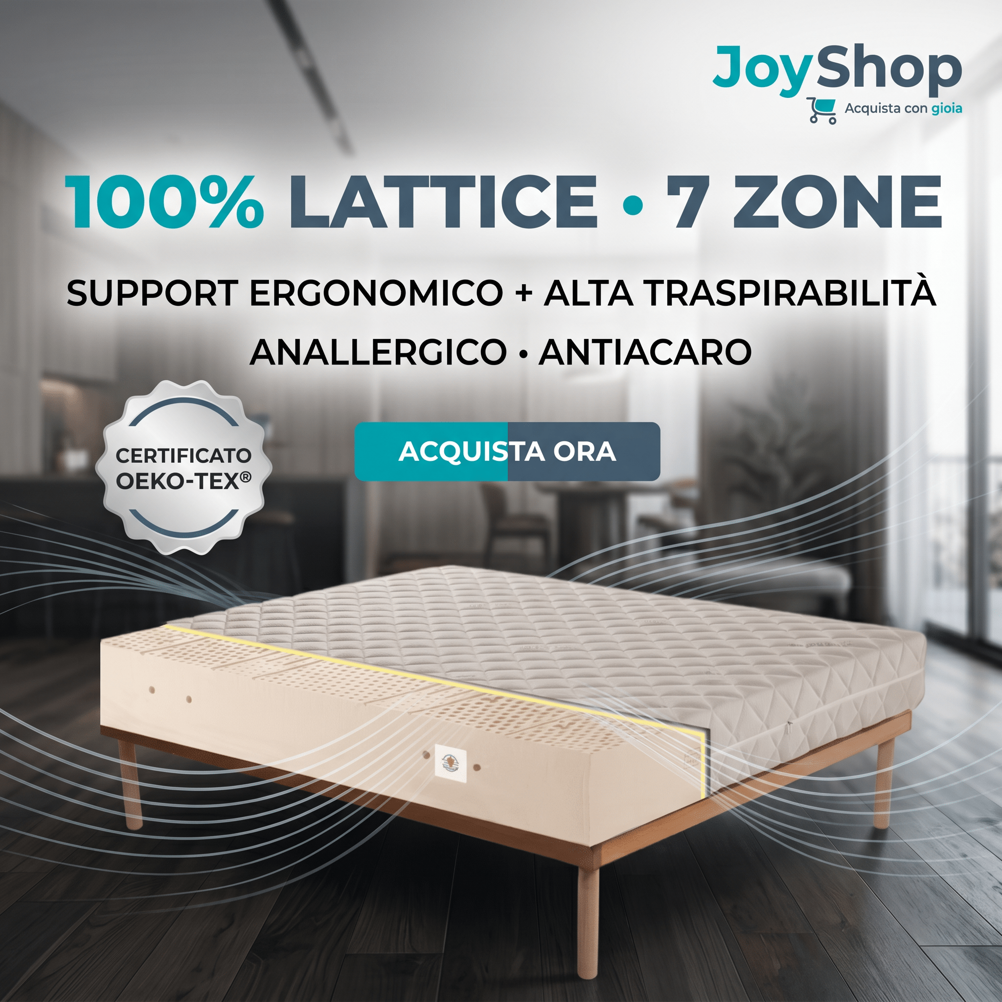 Materasso 100% lattice a 7 zone differenziate con tessuto anallergico alto 22 cm - JUPITER
