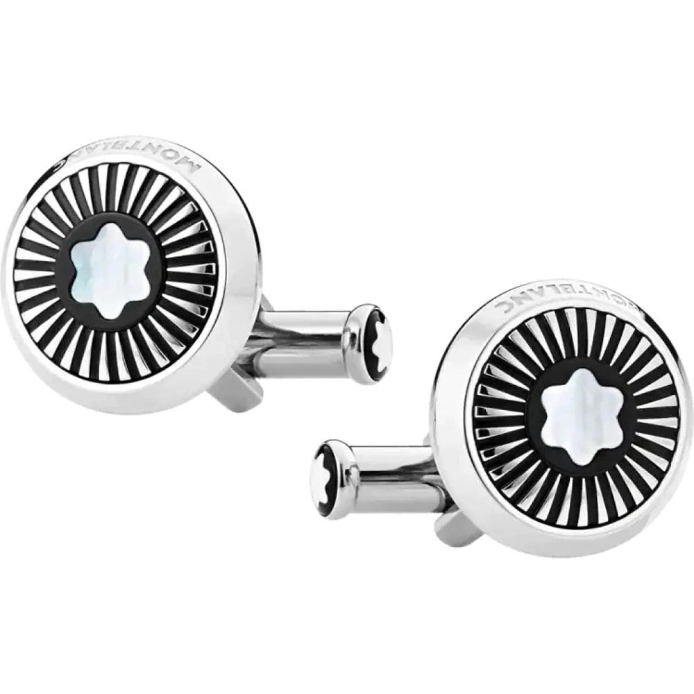 Montblanc Round Steel Cufflinks with Spoked Pattern and Mother-of-Pearl Emblem 123809