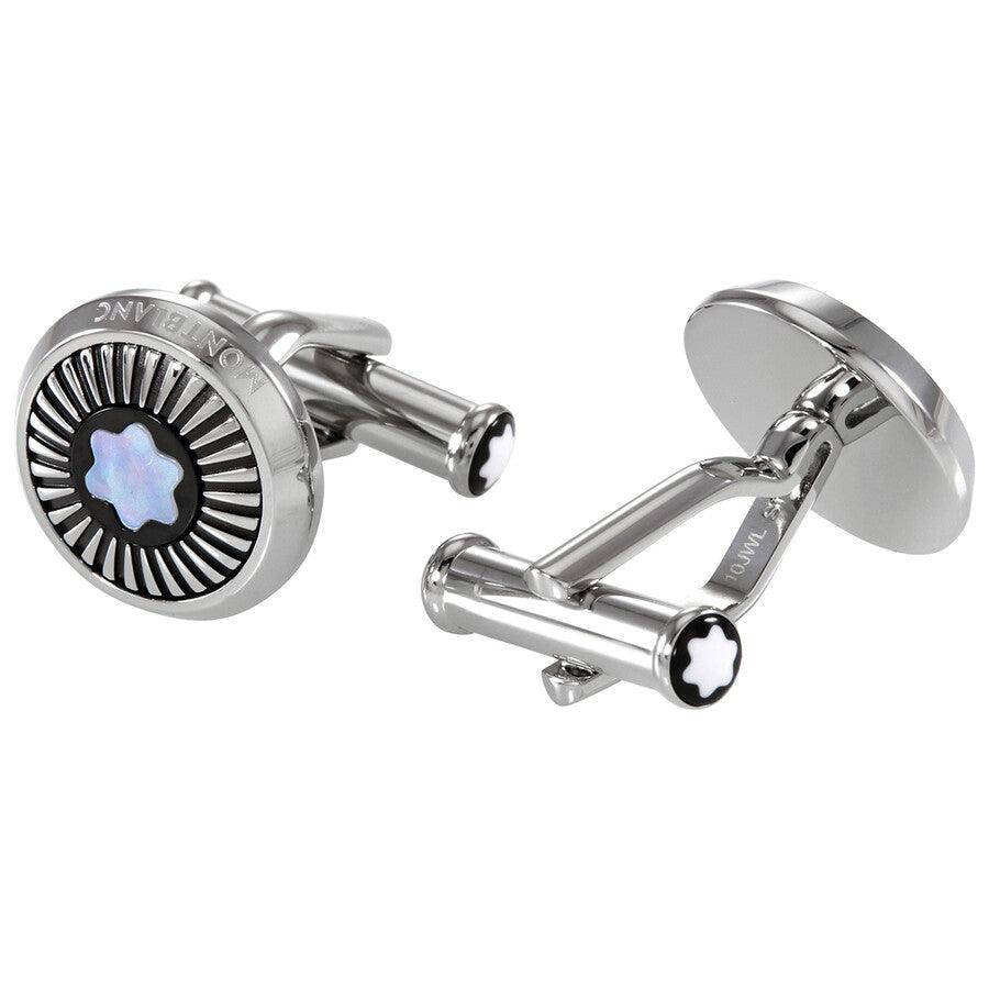 Montblanc Round Steel Cufflinks with Spoked Pattern and Mother-of-Pearl Emblem 123809