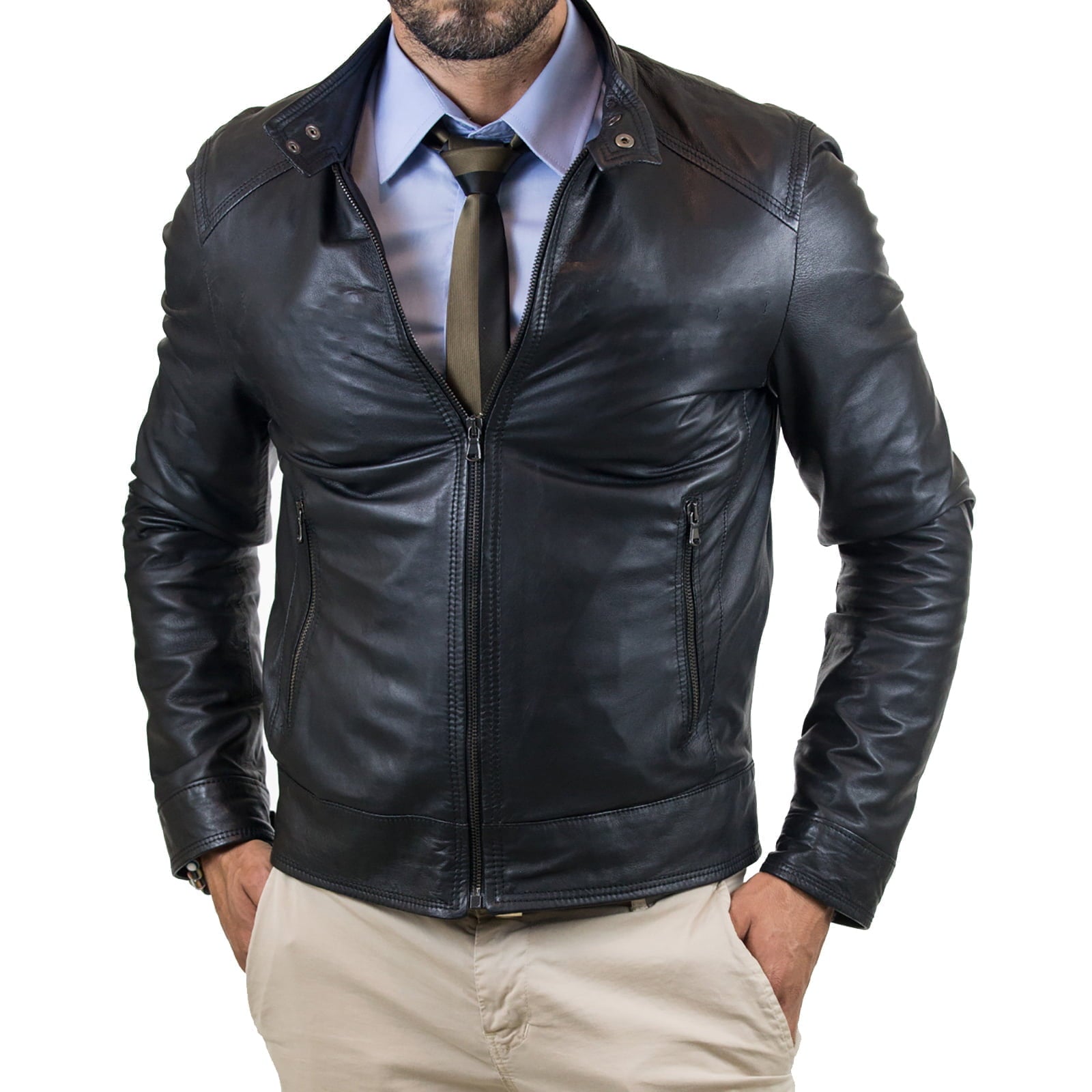 Men's Brown Slim Fit Real Leather Biker Jacket with Button Collar Rindway