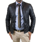 Giacca Biker In Vera Pelle Uomo Nero Slim Collo Con Bottoni Rindway