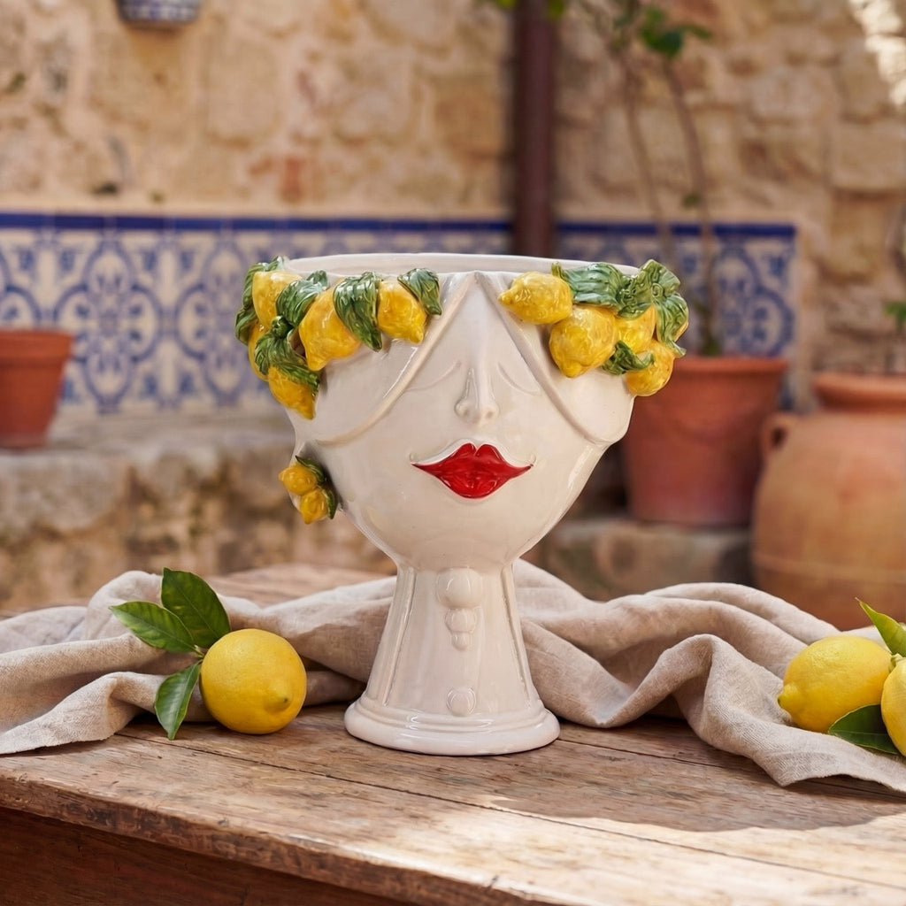 Testa di Moro con limoni "Zahira" donna | White and Lemon 30 cm Ceramiche di Caltagirone Sofia