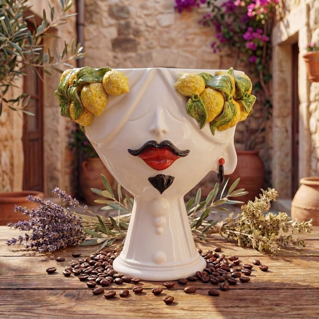 Testa Zahira con Limoni h 30 cm — Uomo, White and Lemon | Ceramica Caltagirone