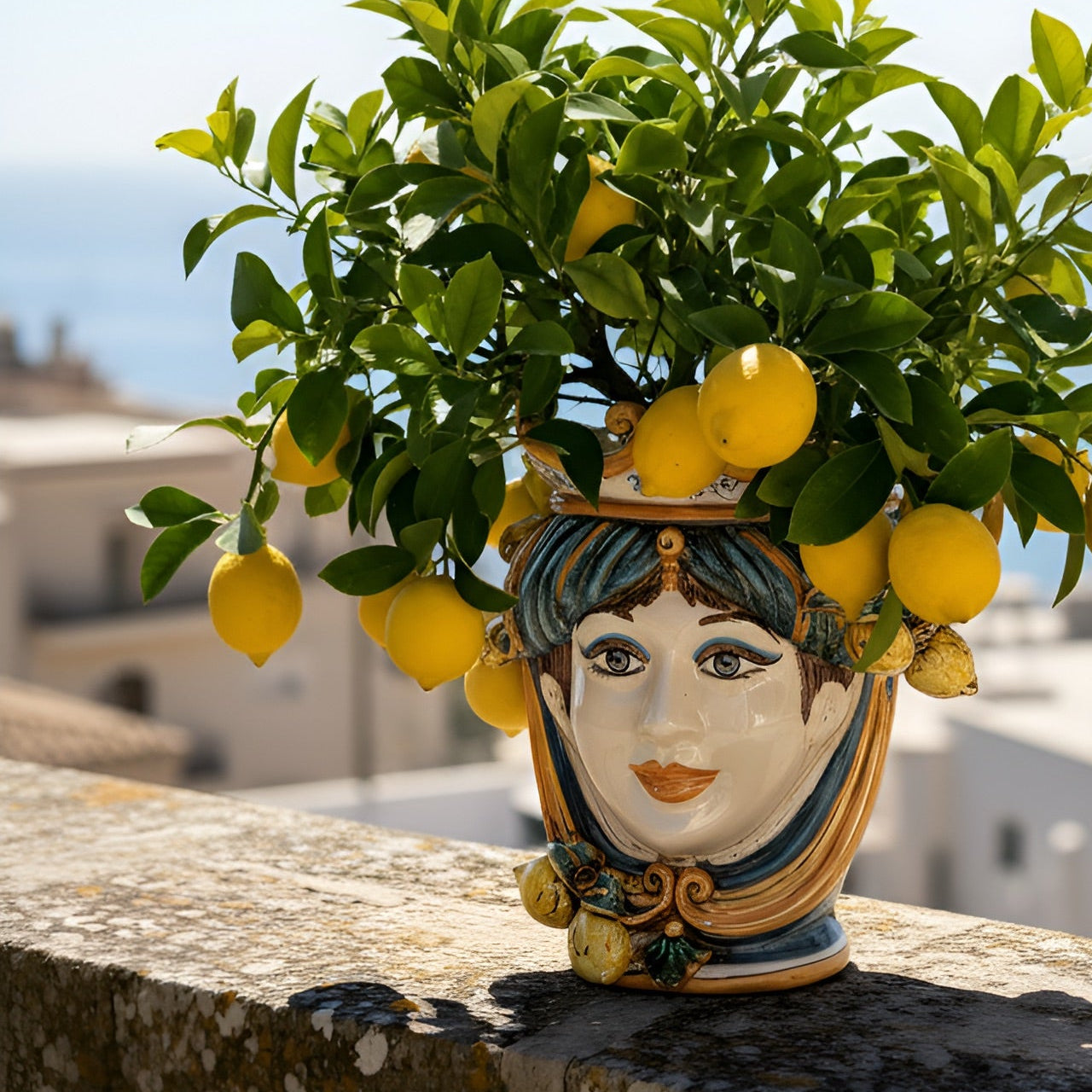 Testa di Moro con Limoni h 25 cm — Donna, Blu e Arancio