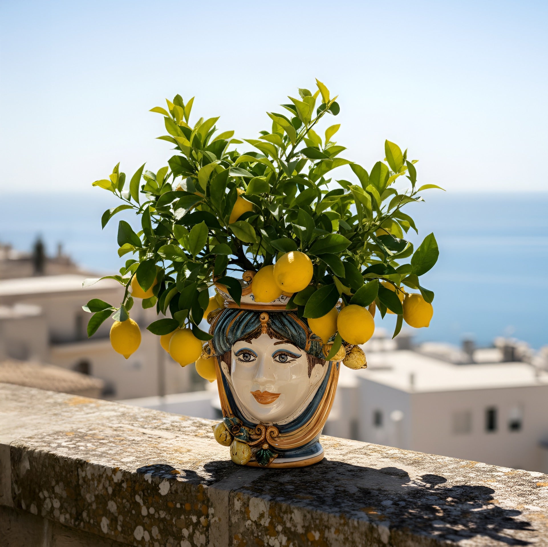 Testa di Moro con Limoni h 25 cm — Donna, Blu e Arancio