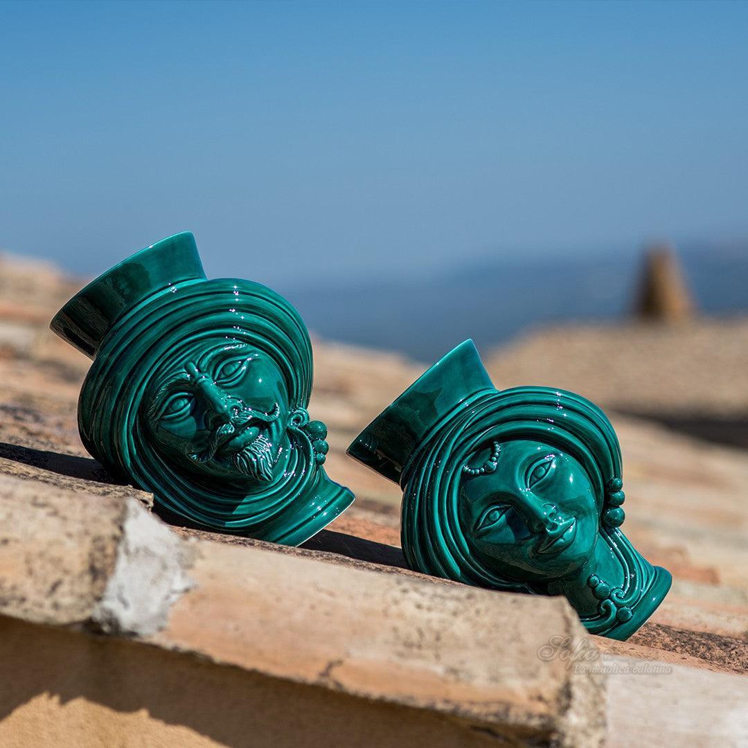 Testa h 30 corona liscia Verde Smeraldo Uomo - Teste di moro moderne Sofia Ceramiche Ceramiche di Caltagirone Sofia