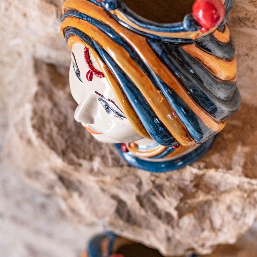 Testa h 30 in blu e arancio donna Ceramiche di Caltagirone Sofia
