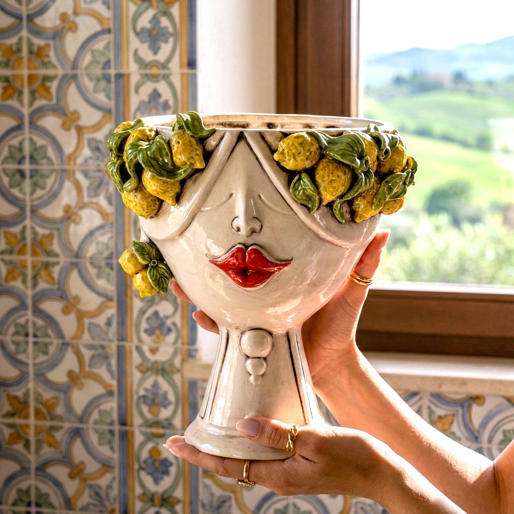 Testa Zahira con Limoni h 30 cm — Donna, Madreperla | Ceramica Caltagirone
