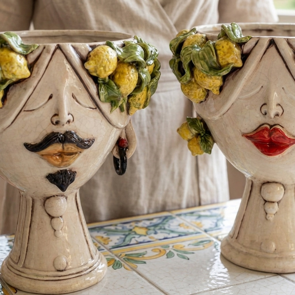 Testa Zahira con Limoni h 30 cm — Donna, Madreperla | Ceramica Caltagirone
