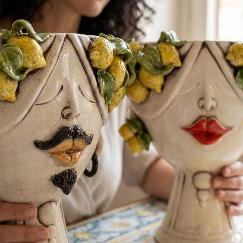 Testa Zahira con Limoni h 30 cm — Donna, Madreperla | Ceramica Caltagirone