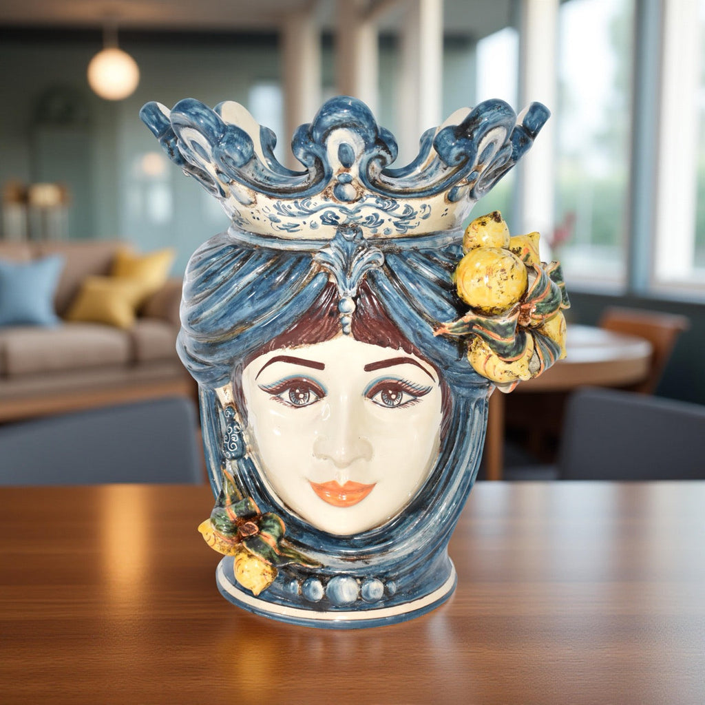 Testa h 40 con limoni mono blu femmina Ceramiche di Caltagirone Sofia