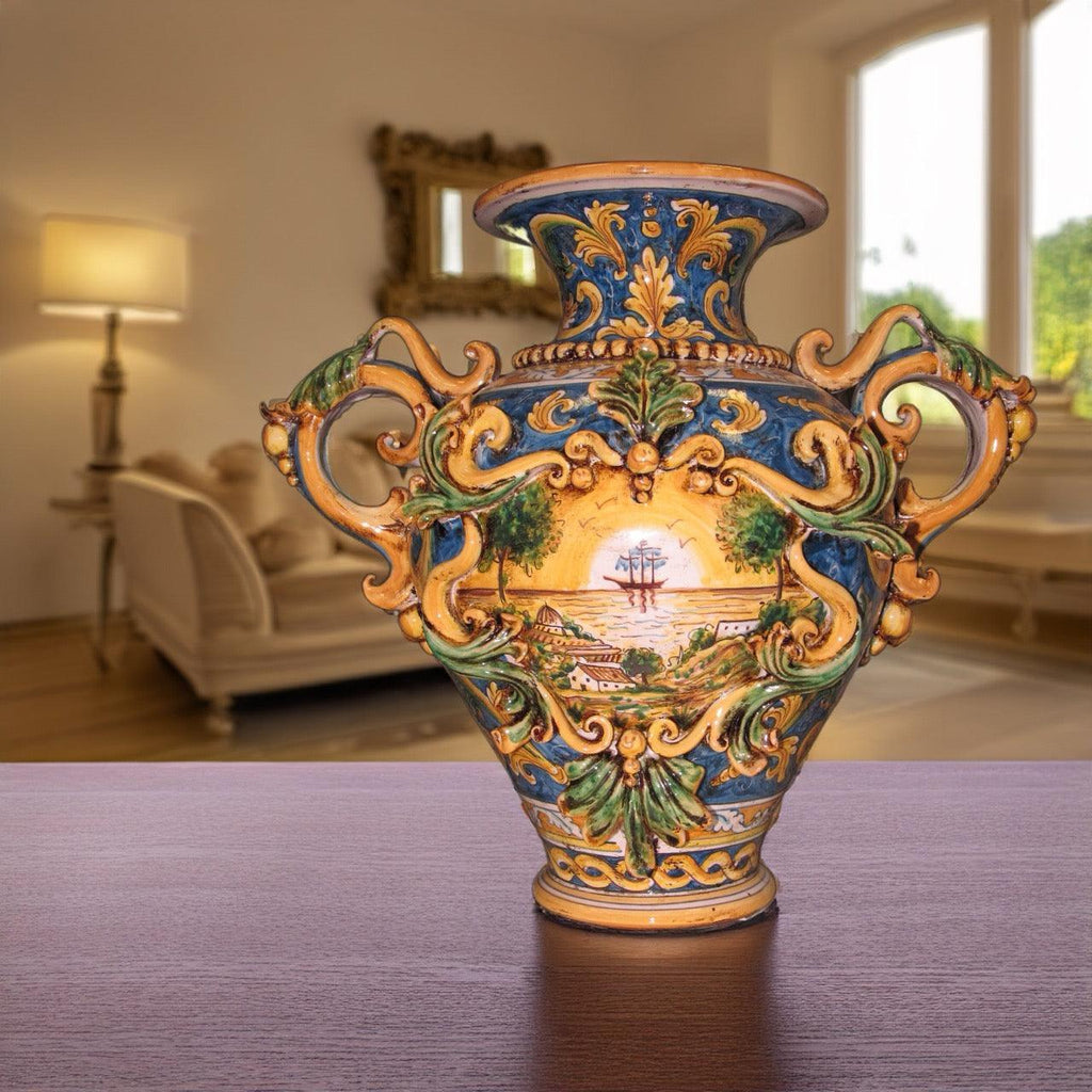 Vaso Anfora in Ceramica di Caltagirone h 40 cm — Greca a Rilievo, Ornato Calatino con Veliero