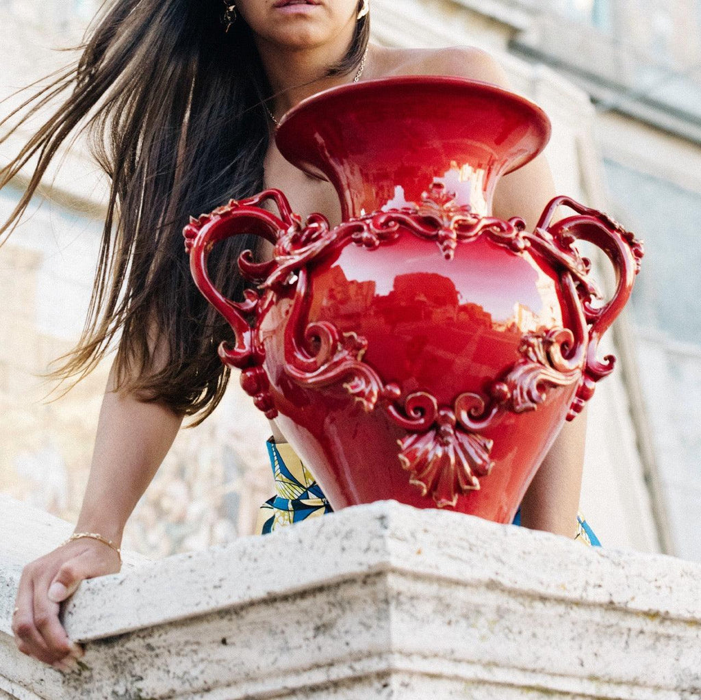 Vaso Anfora in Ceramica di Caltagirone h 40 cm — Greca a Rilievo, Rosso Fuoco
