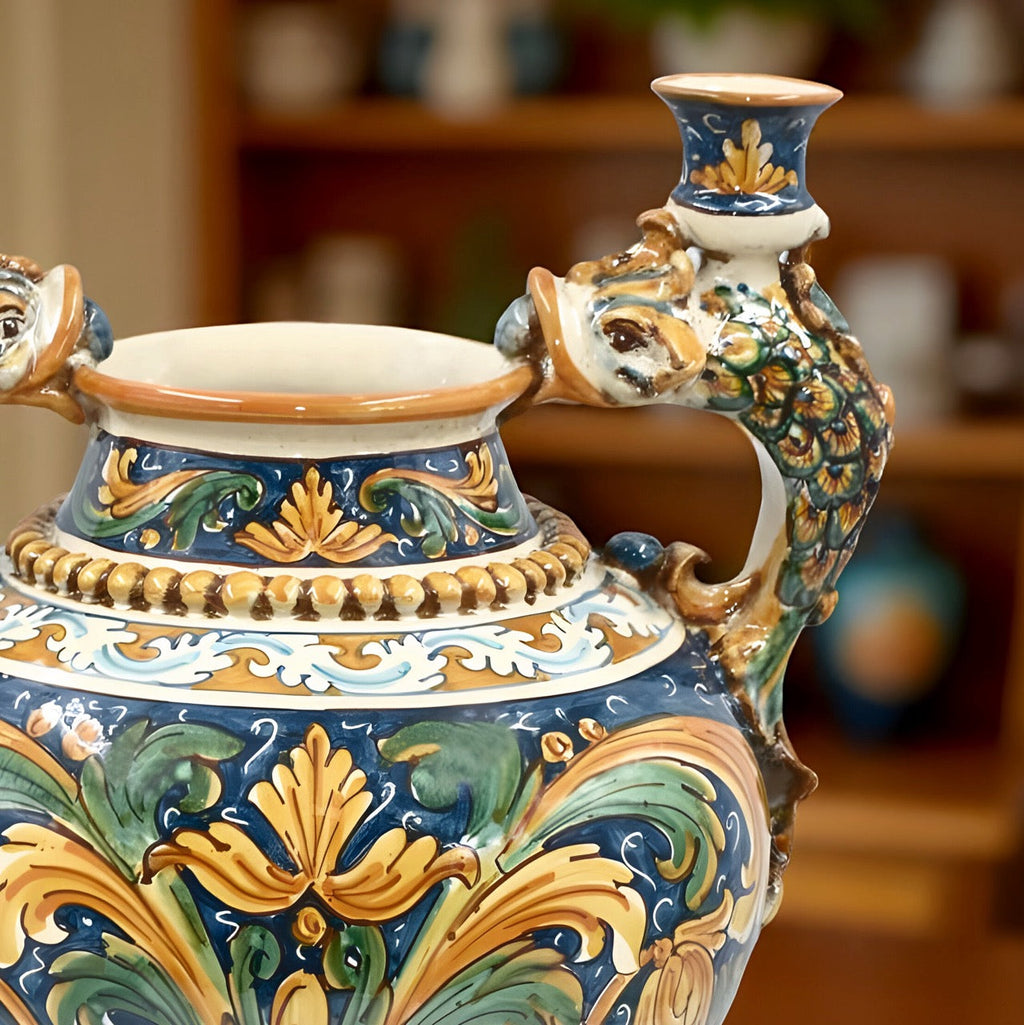 Bowl vase h 40 w/fish handles candle holders Calatino decorated
