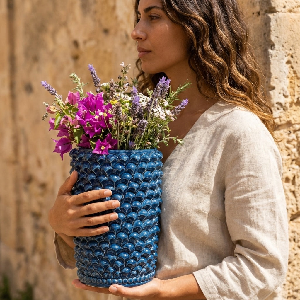 Vaso cilindro pigna di Caltagirone modellata a mano altezza 25 cm in blu intenso Ceramiche di Caltagirone Sofia