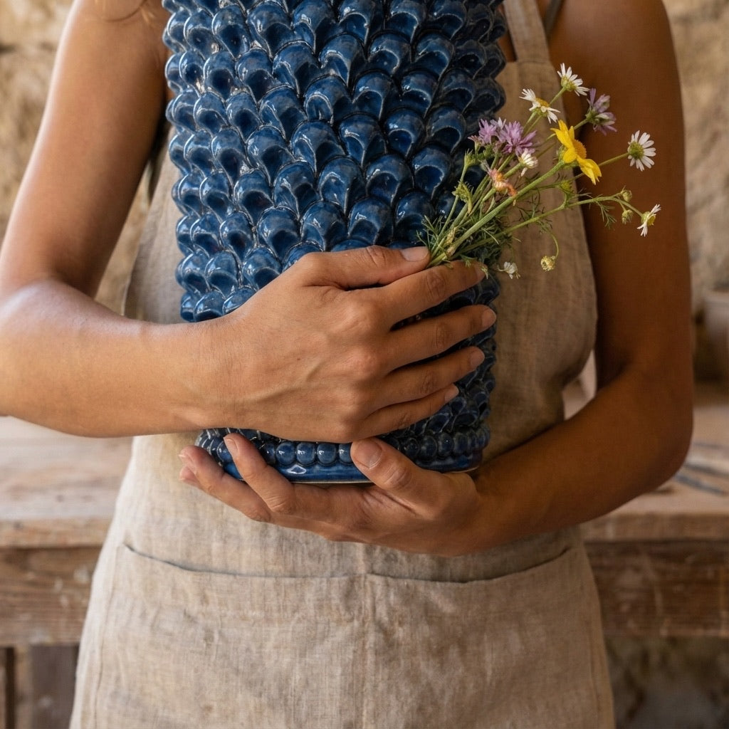 Vaso cilindro pigna di Caltagirone modellata a mano altezza 25 cm in blu intenso Ceramiche di Caltagirone Sofia