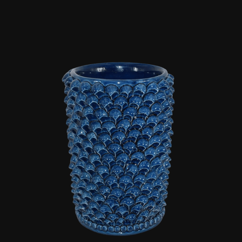 Vaso cilindro pigna di Caltagirone modellata a mano altezza 25 cm in blu intenso Ceramiche di Caltagirone Sofia