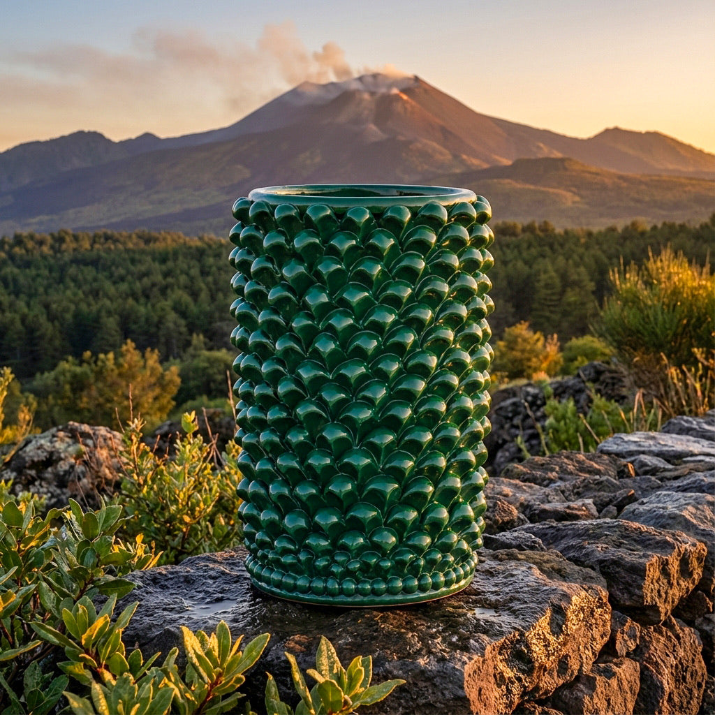 Vaso cilindro pigna di Caltagirone modellata a mano altezza 25 cm in verde antico Ceramiche di Caltagirone Sofia