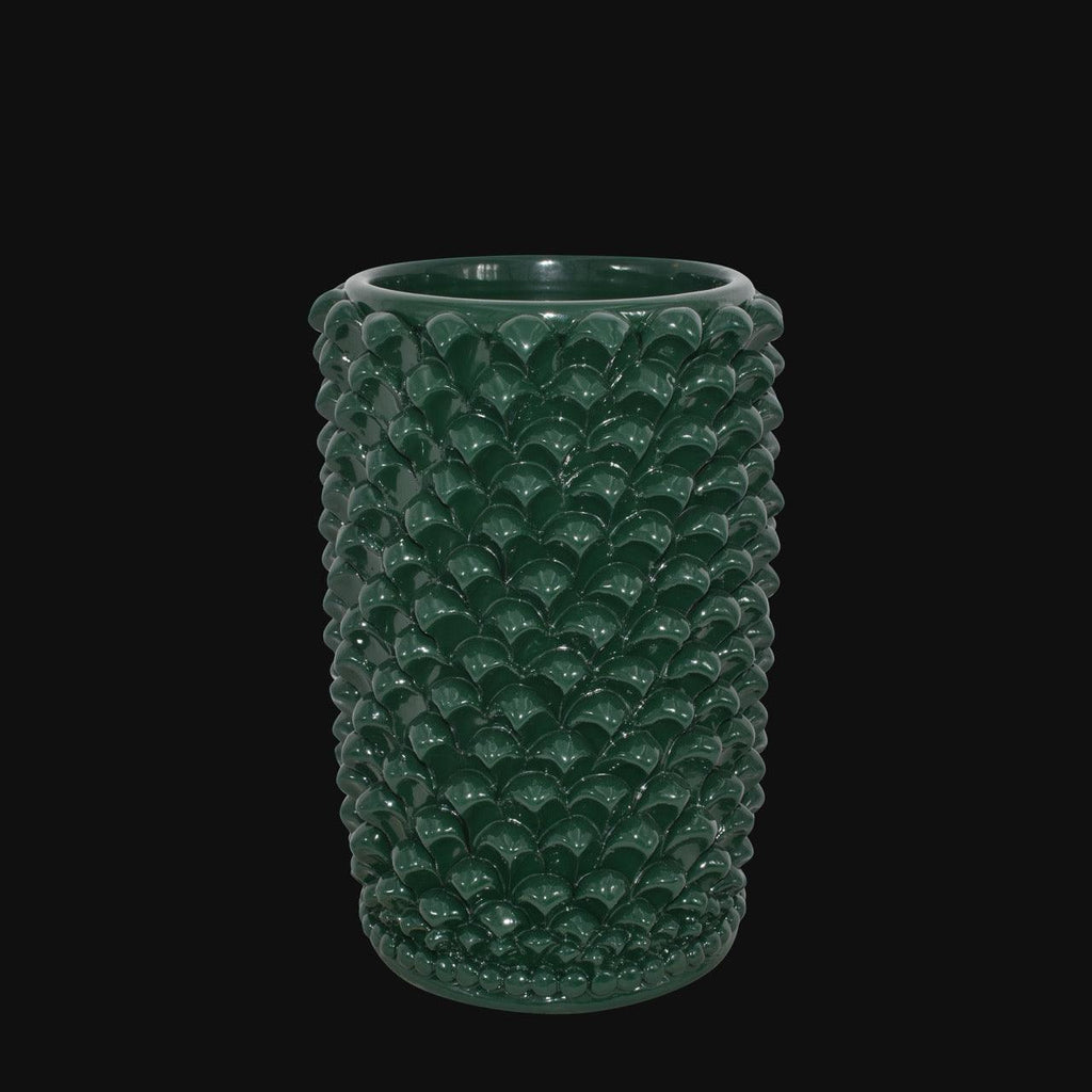 Vaso cilindro pigna di Caltagirone modellata a mano altezza 25 cm in verde antico Ceramiche di Caltagirone Sofia