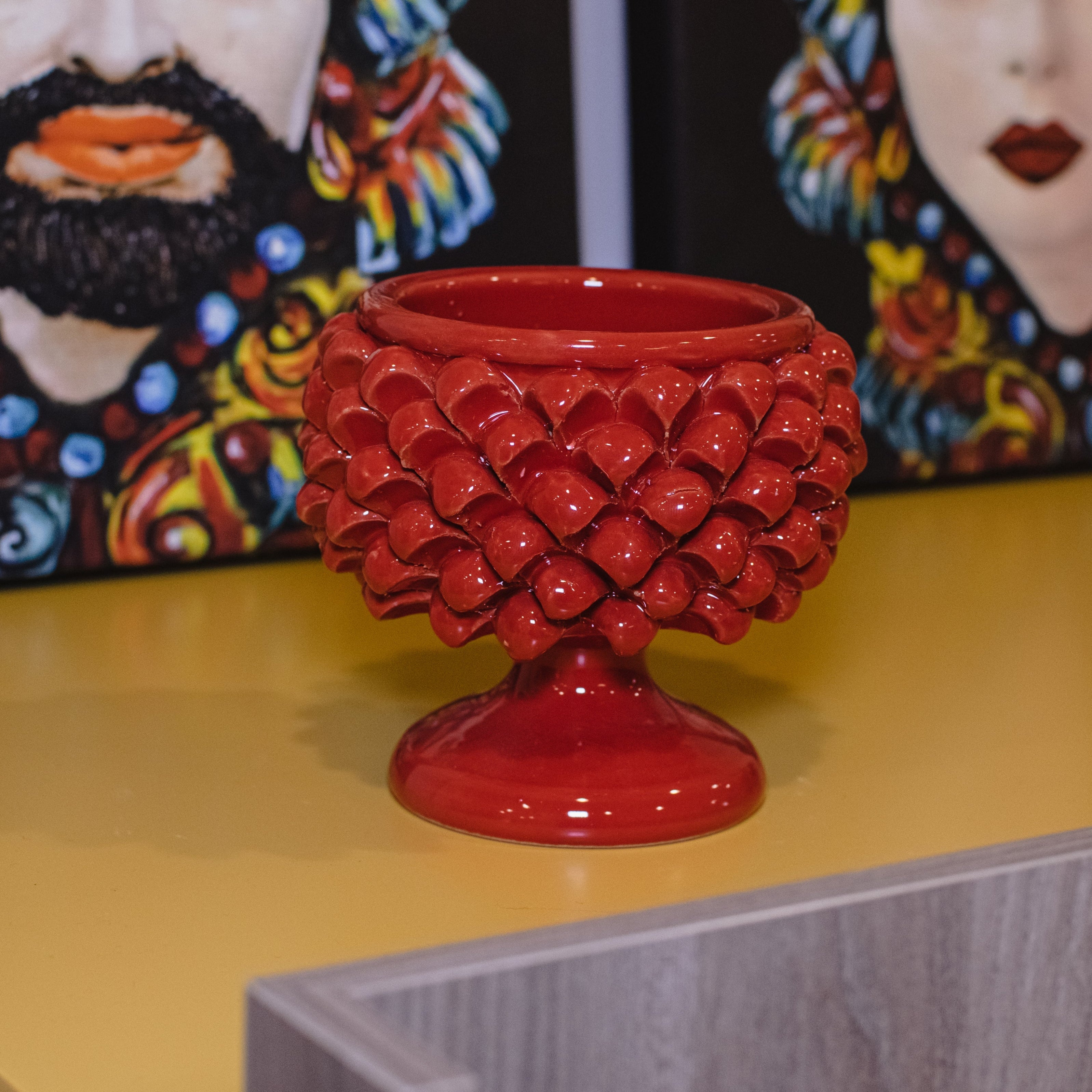 Fire red half-pineapple vase in Caltagirone ceramic