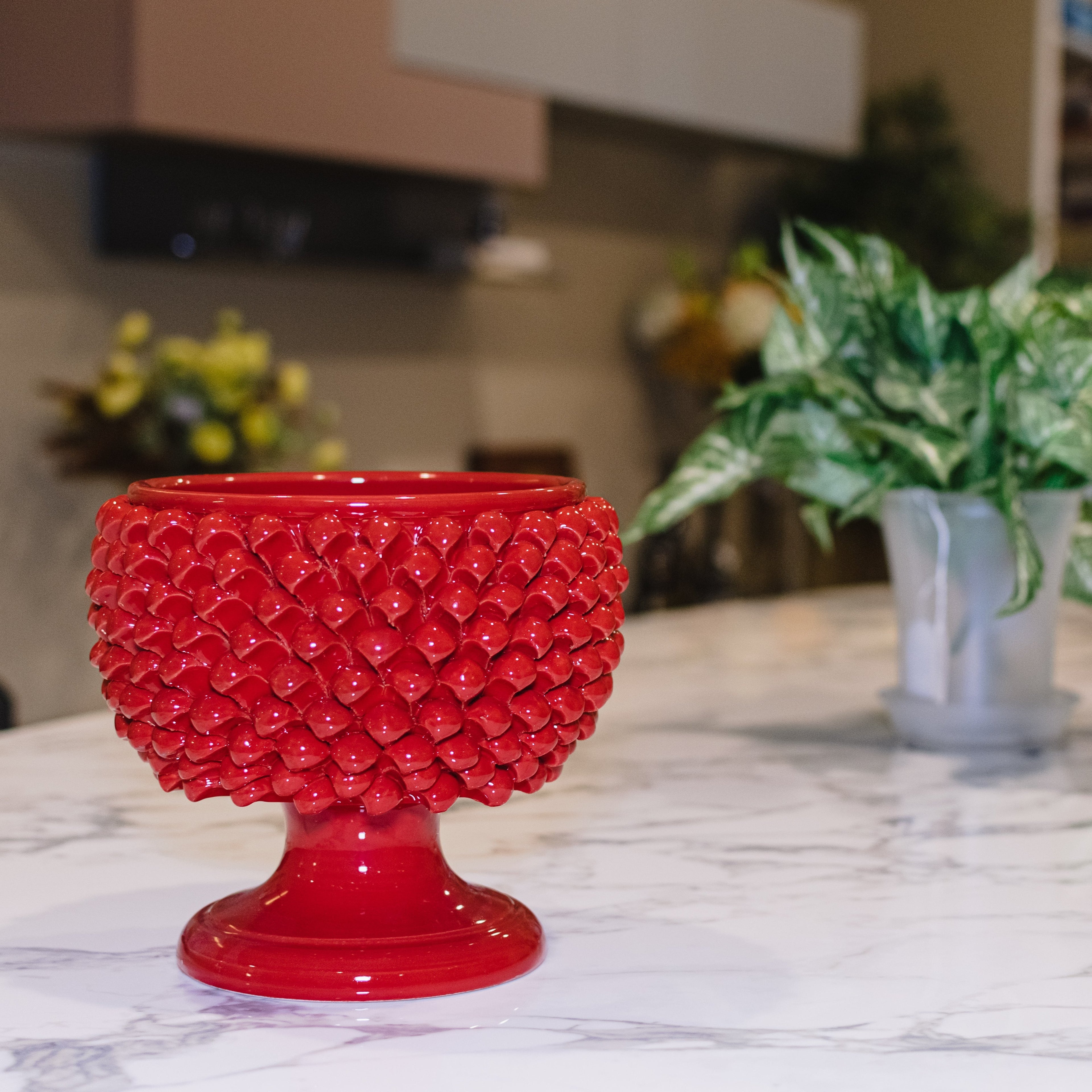 Fire red half-pineapple vase in Caltagirone ceramic