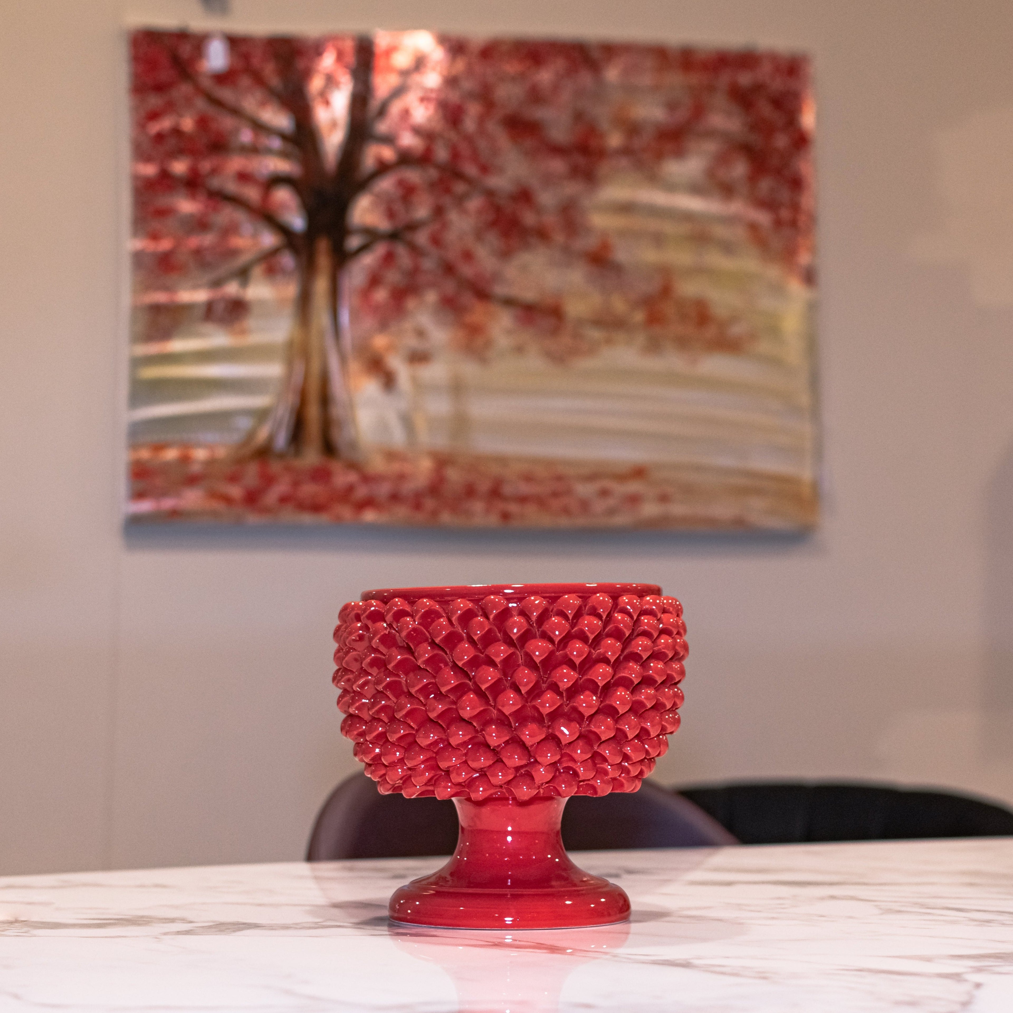 Fire red half-pineapple vase in Caltagirone ceramic