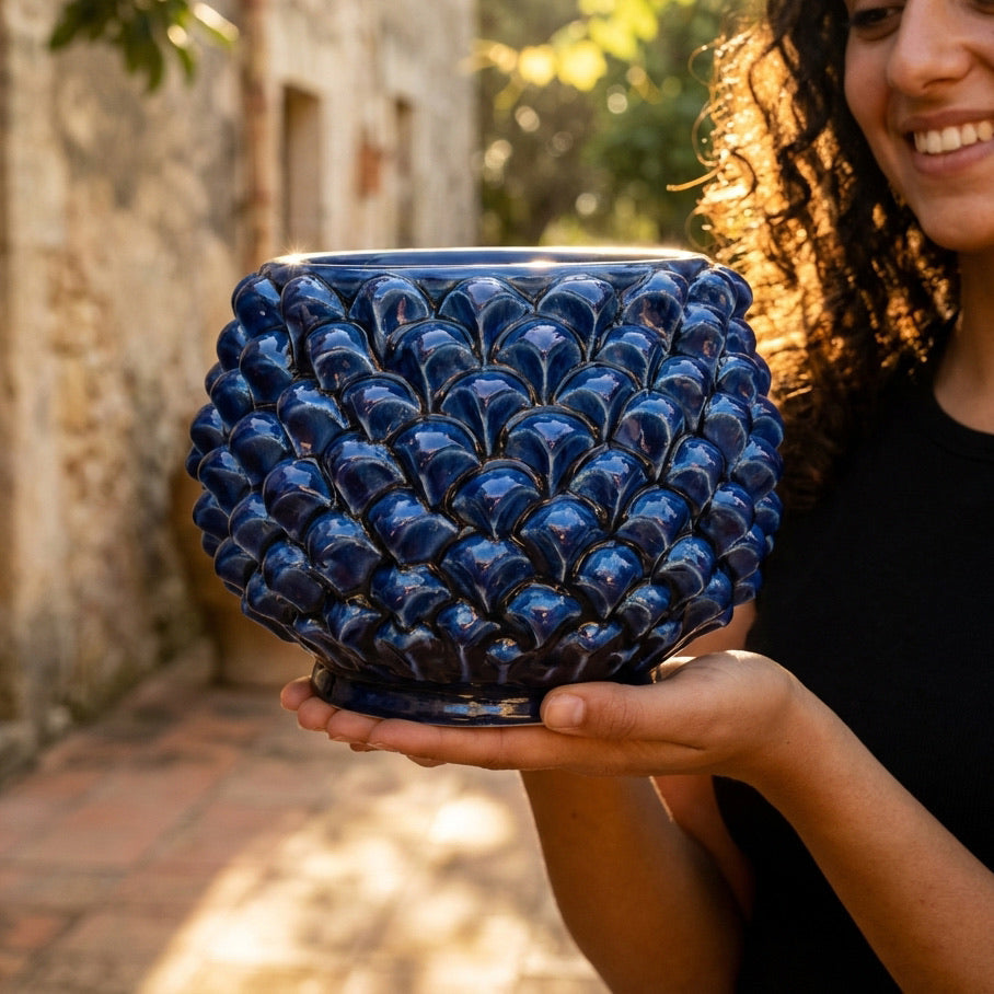 Half-pineapple vase with stand, intense blue, Caltagirone ceramic