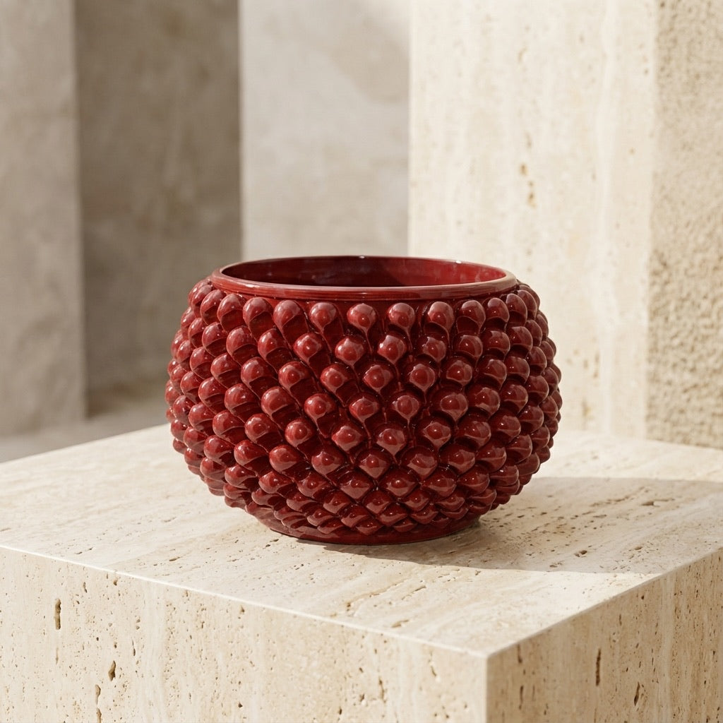 Caltagirone half-pineapple vase without stand in bordeaux ceramic