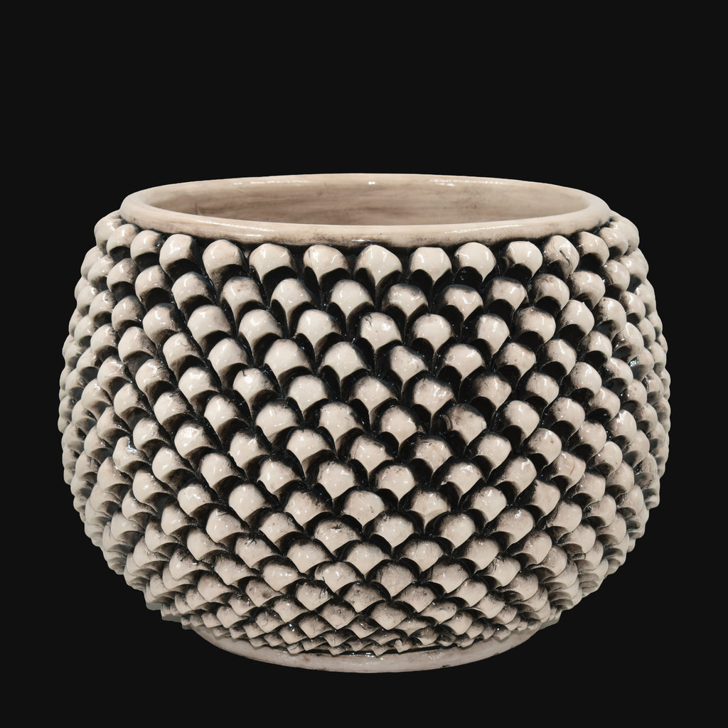 Half-pineapple vase with/without foot, mother-of-pearl antiqued, Caltagirone ceramic