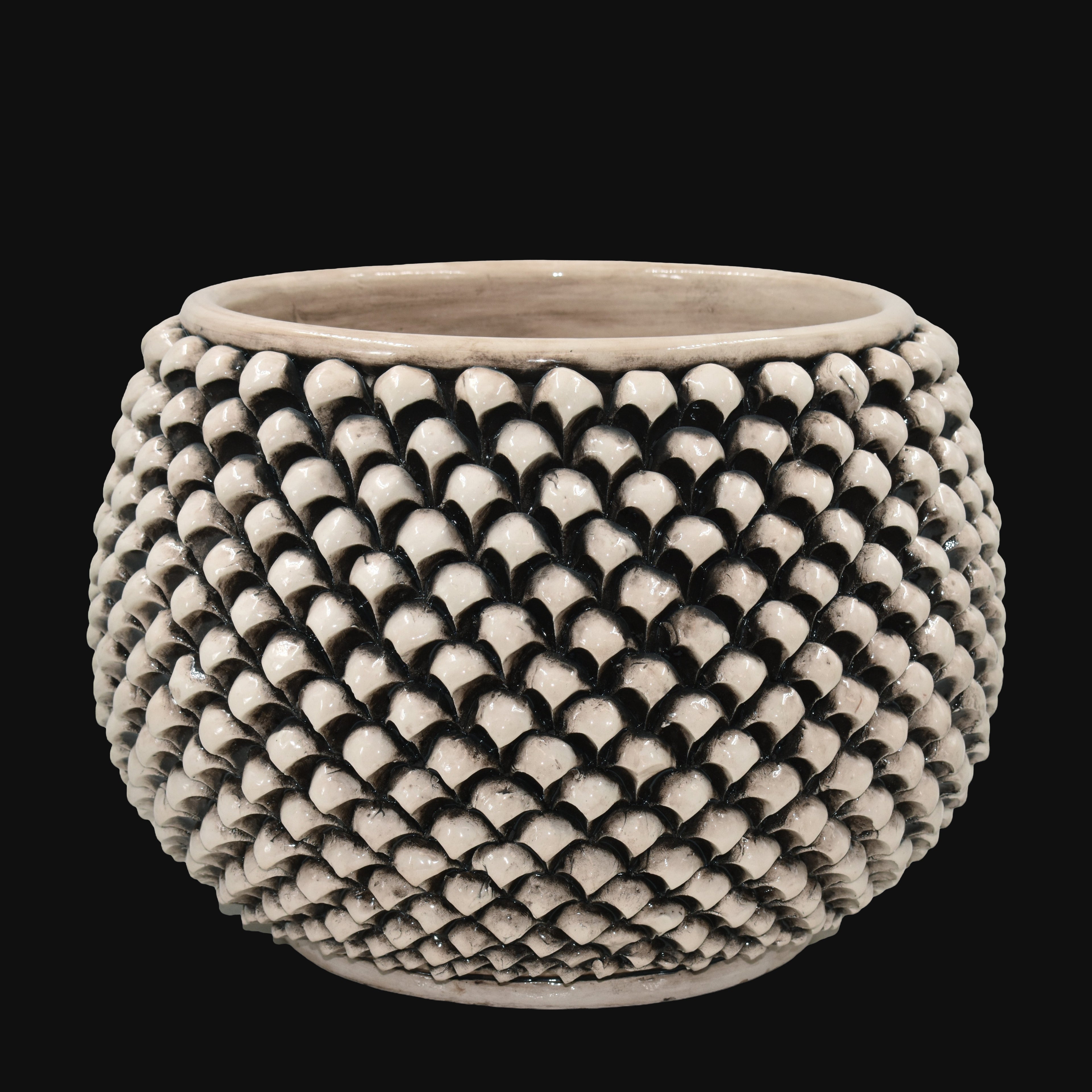 Half-pineapple vase with/without foot, mother-of-pearl antiqued, Caltagirone ceramic