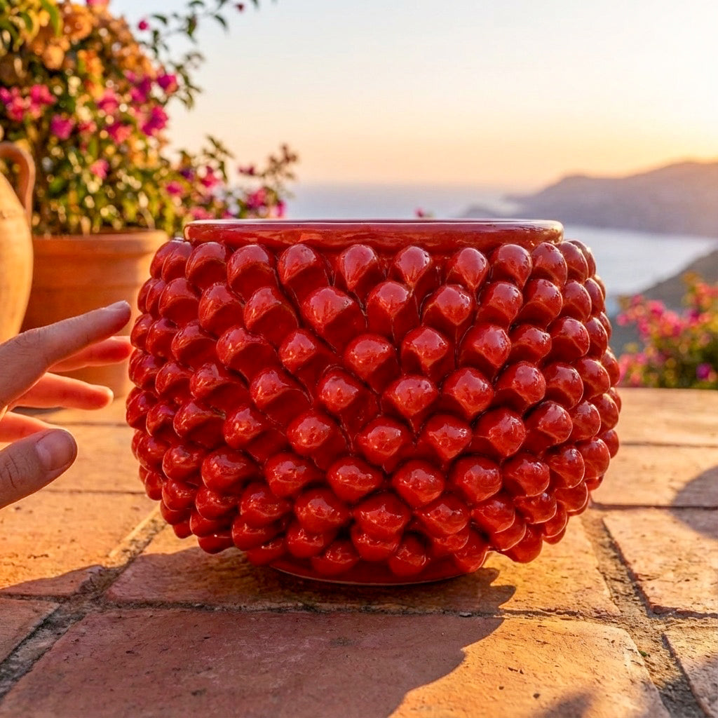 Half-pine cone vase with red fiery base in Caltagirone ceramic