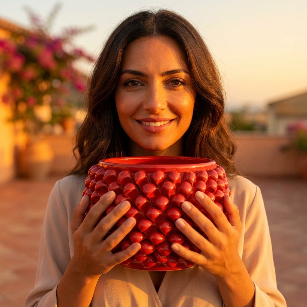 Half-pine cone vase with red fiery base in Caltagirone ceramic