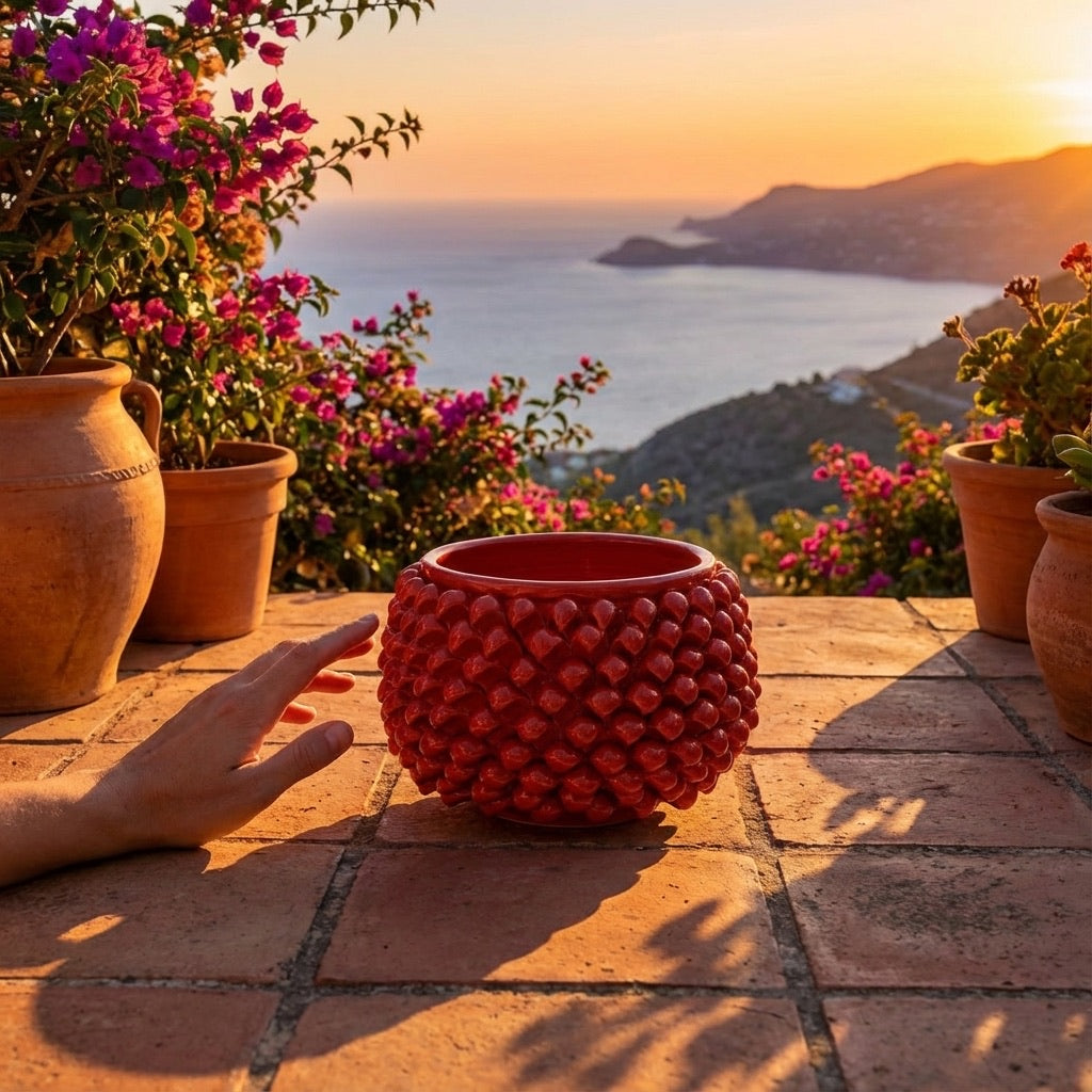 Half-pine cone vase with red fiery base in Caltagirone ceramic