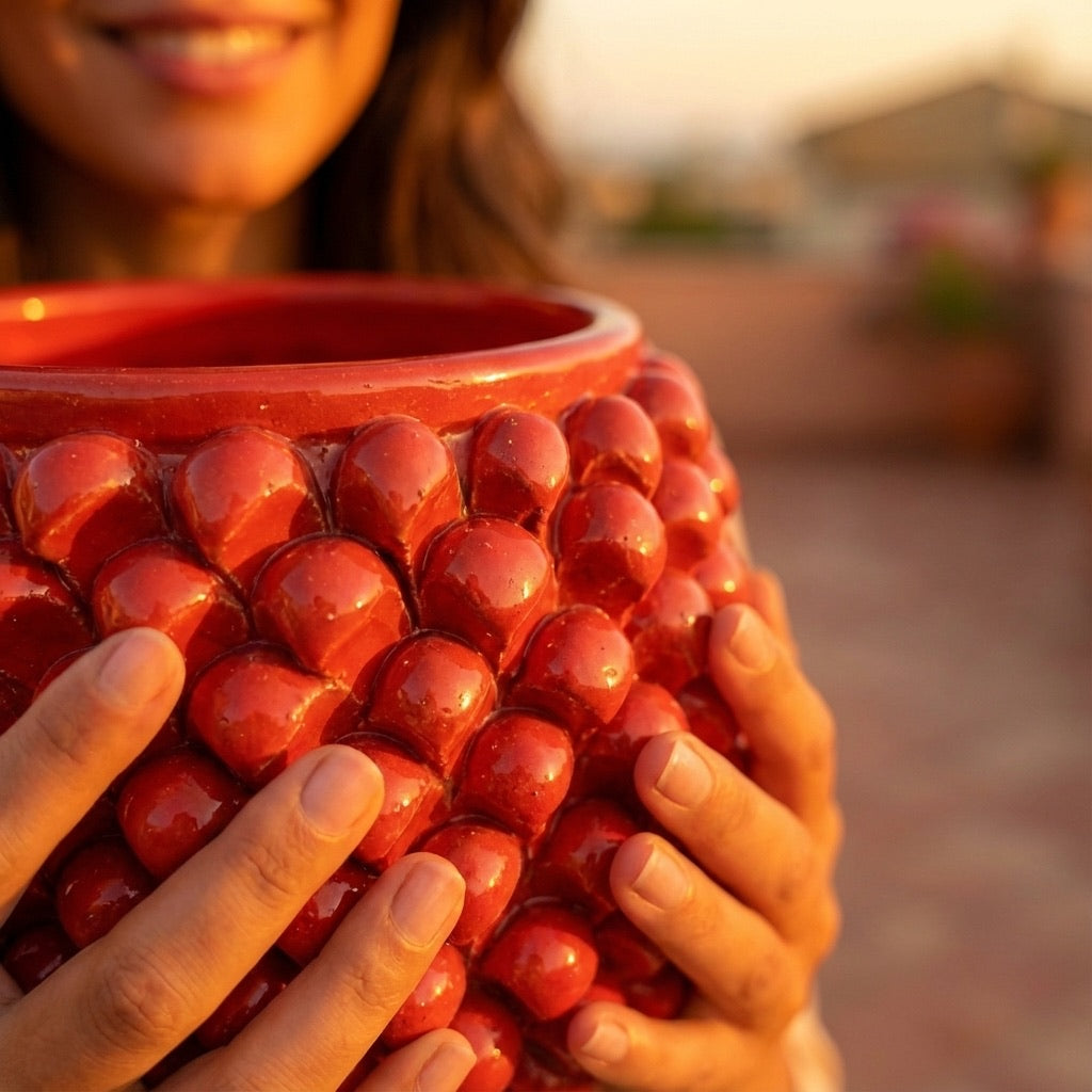 Half-pine cone vase with red fiery base in Caltagirone ceramic