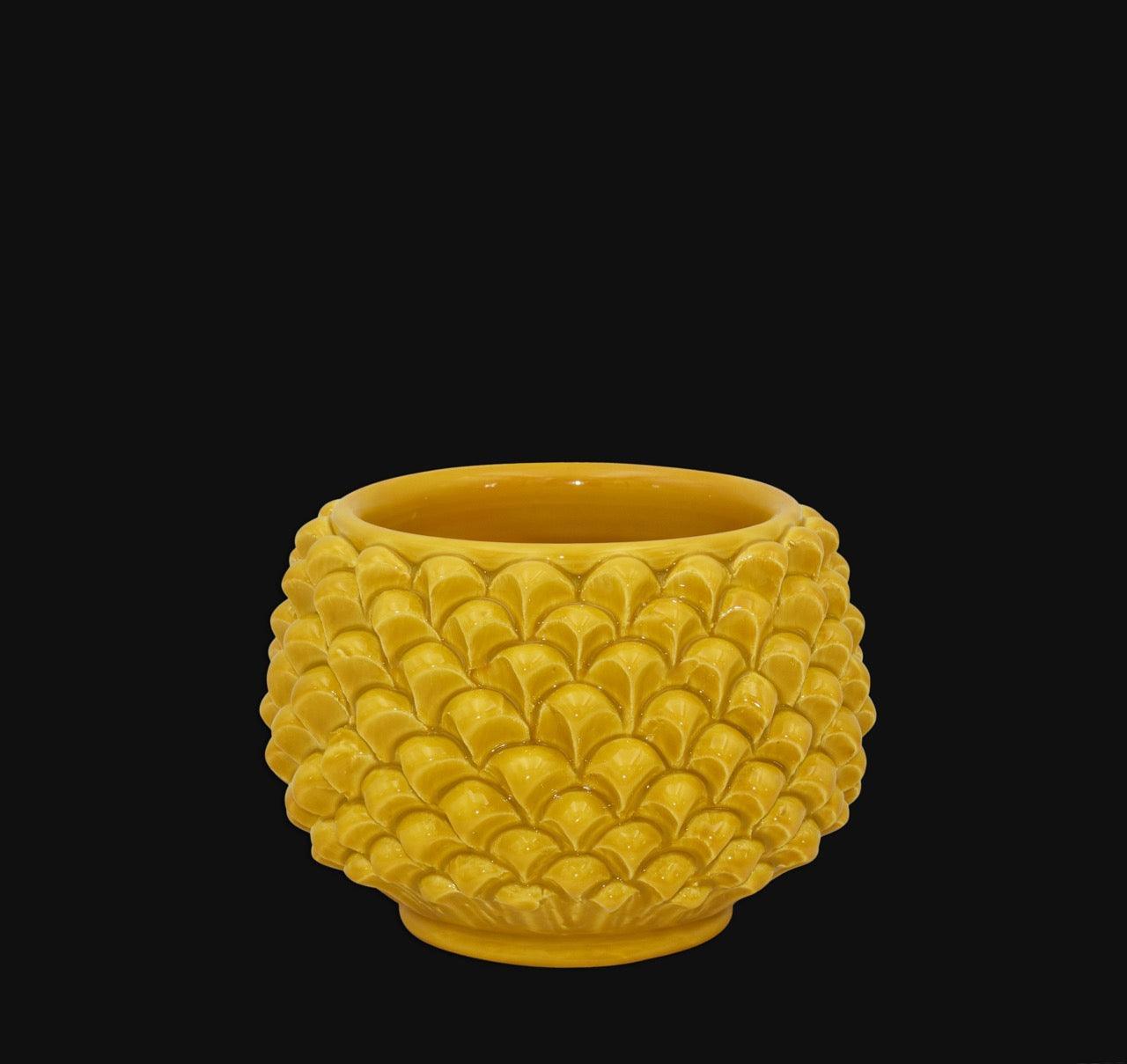 Half-pineapple vase with/without foot, mustard yellow, in Caltagirone ceramic