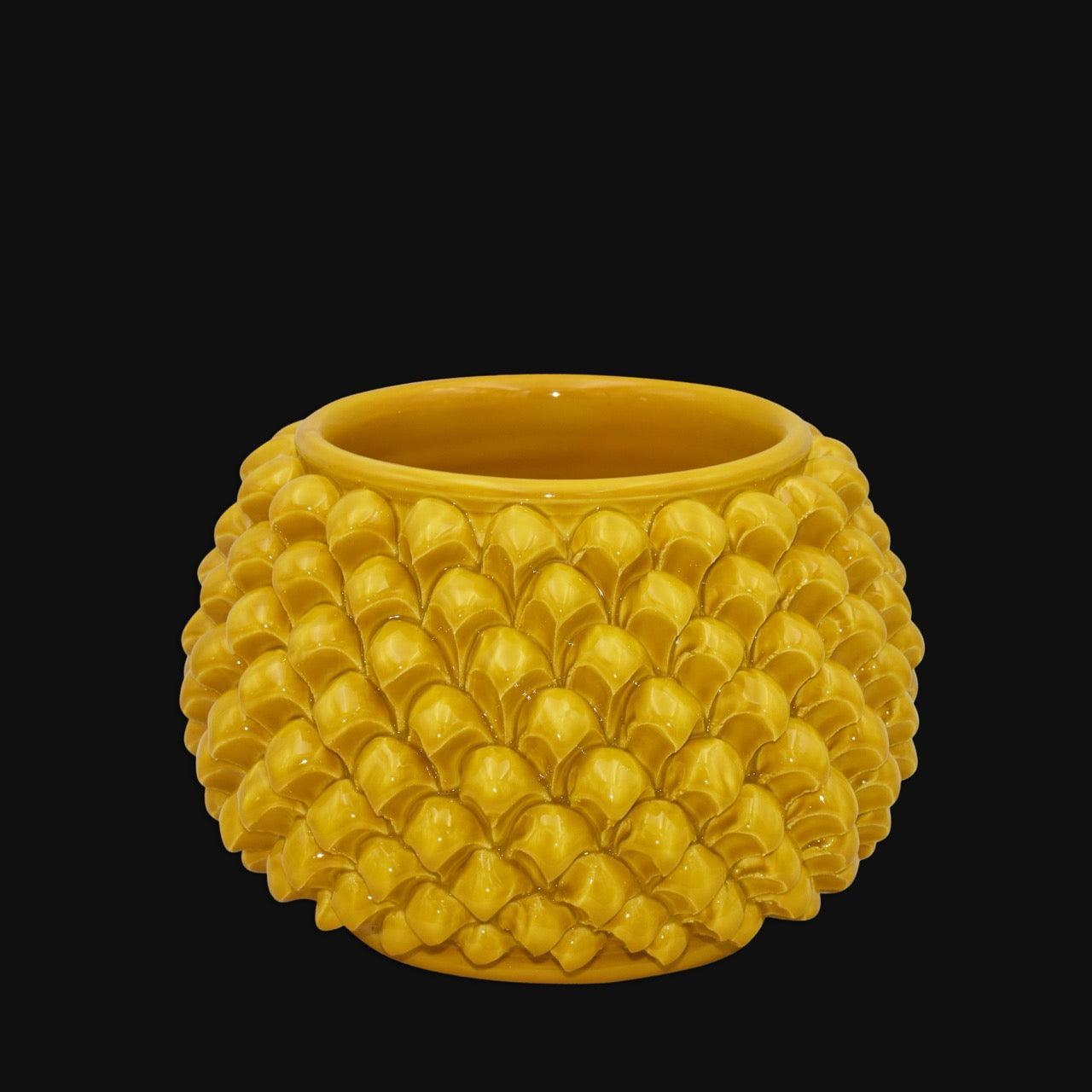 Half-pineapple vase with/without foot, mustard yellow, in Caltagirone ceramic