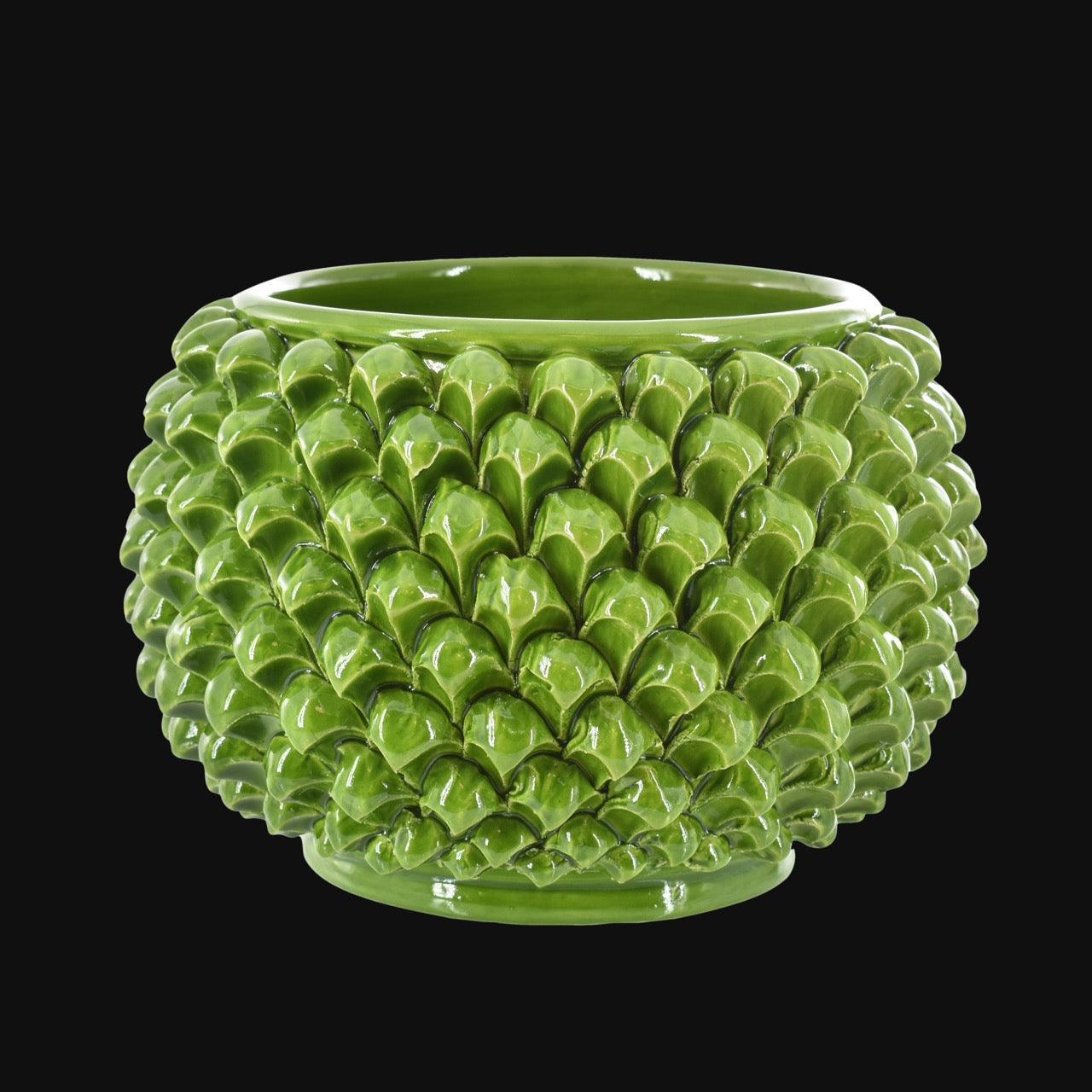 Half-pineapple vase without base, leaf green, in Caltagirone ceramic