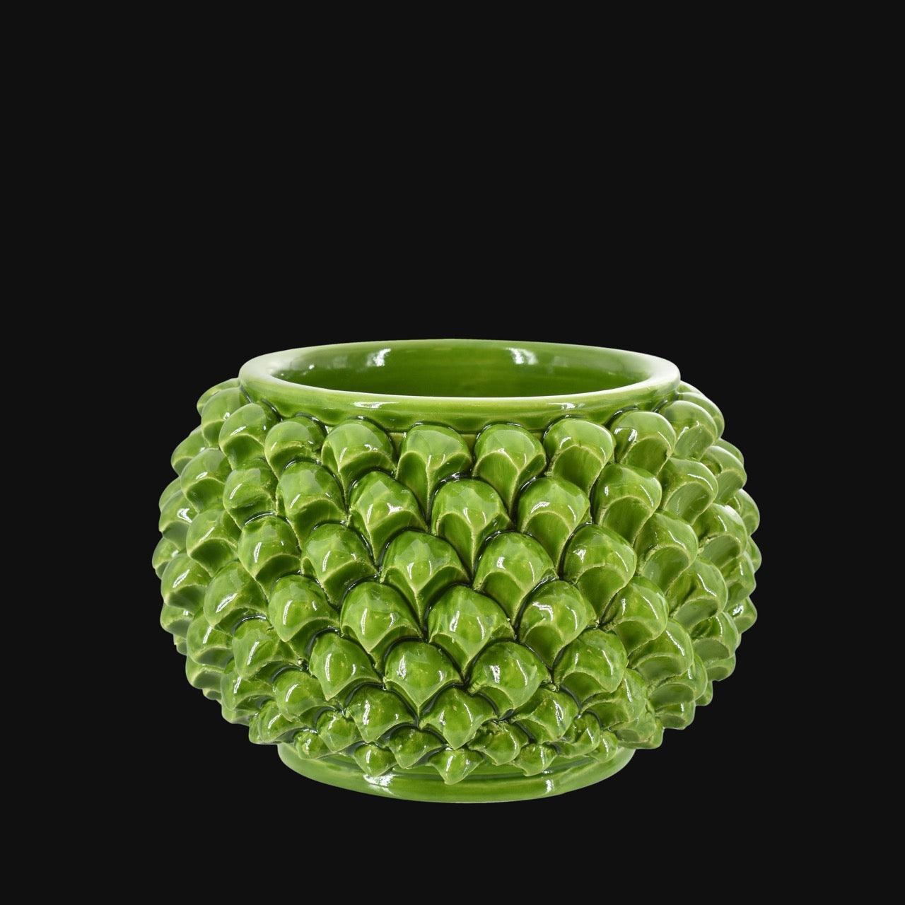 Half-pineapple vase without base, leaf green, in Caltagirone ceramic