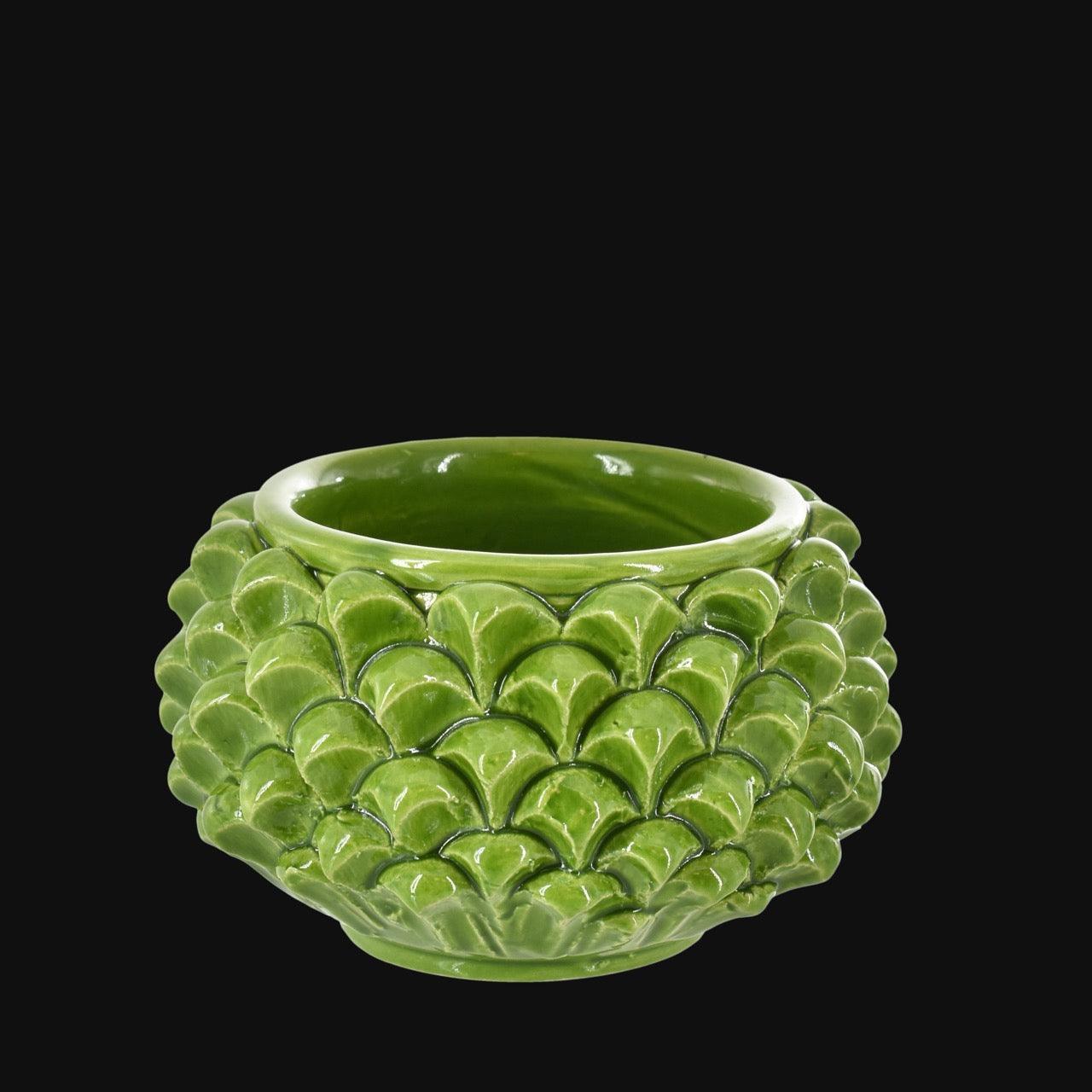 Half-pineapple vase without base, leaf green, in Caltagirone ceramic
