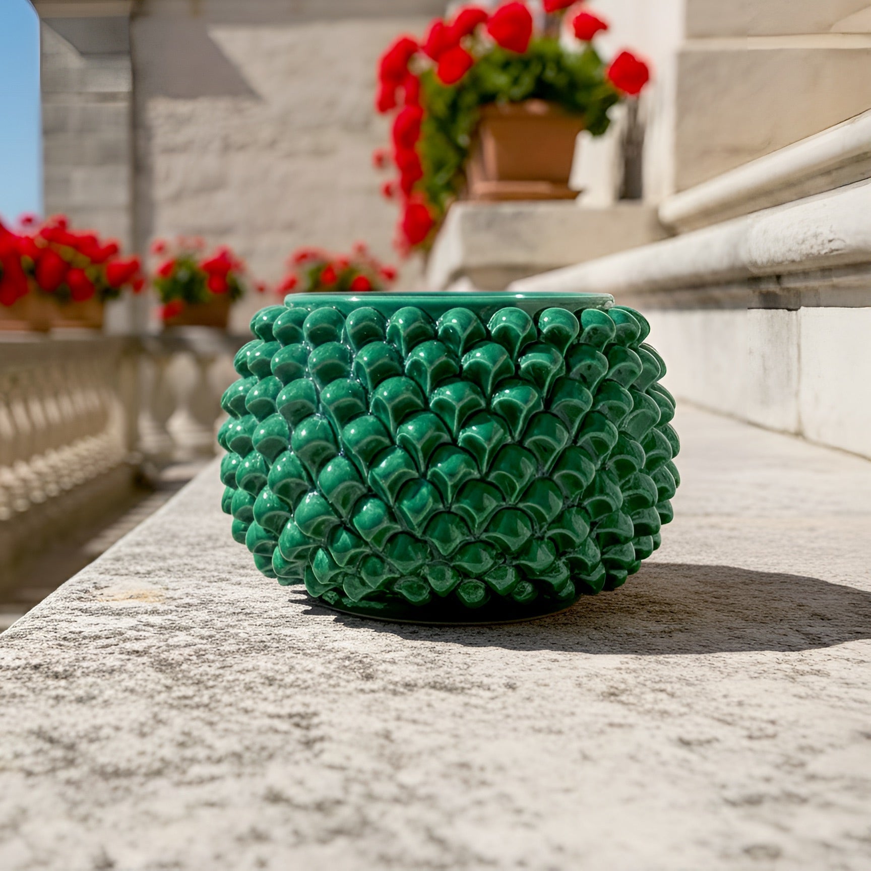 Emerald green half-pineapple vase with/without base, Caltagirone ceramic