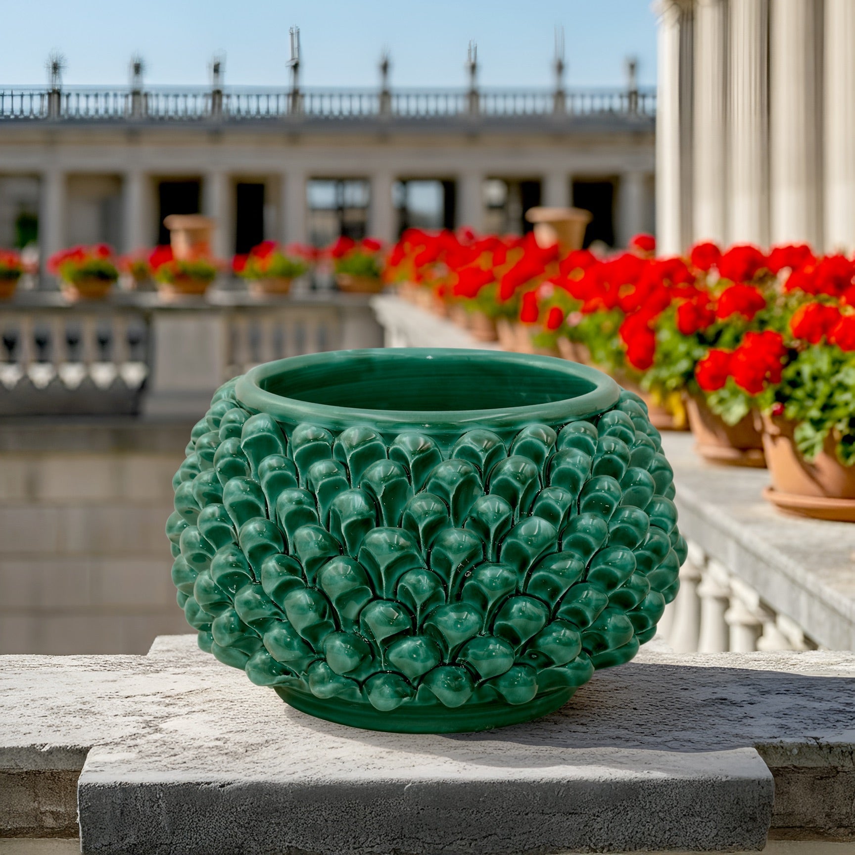 Emerald green half-pineapple vase with/without base, Caltagirone ceramic
