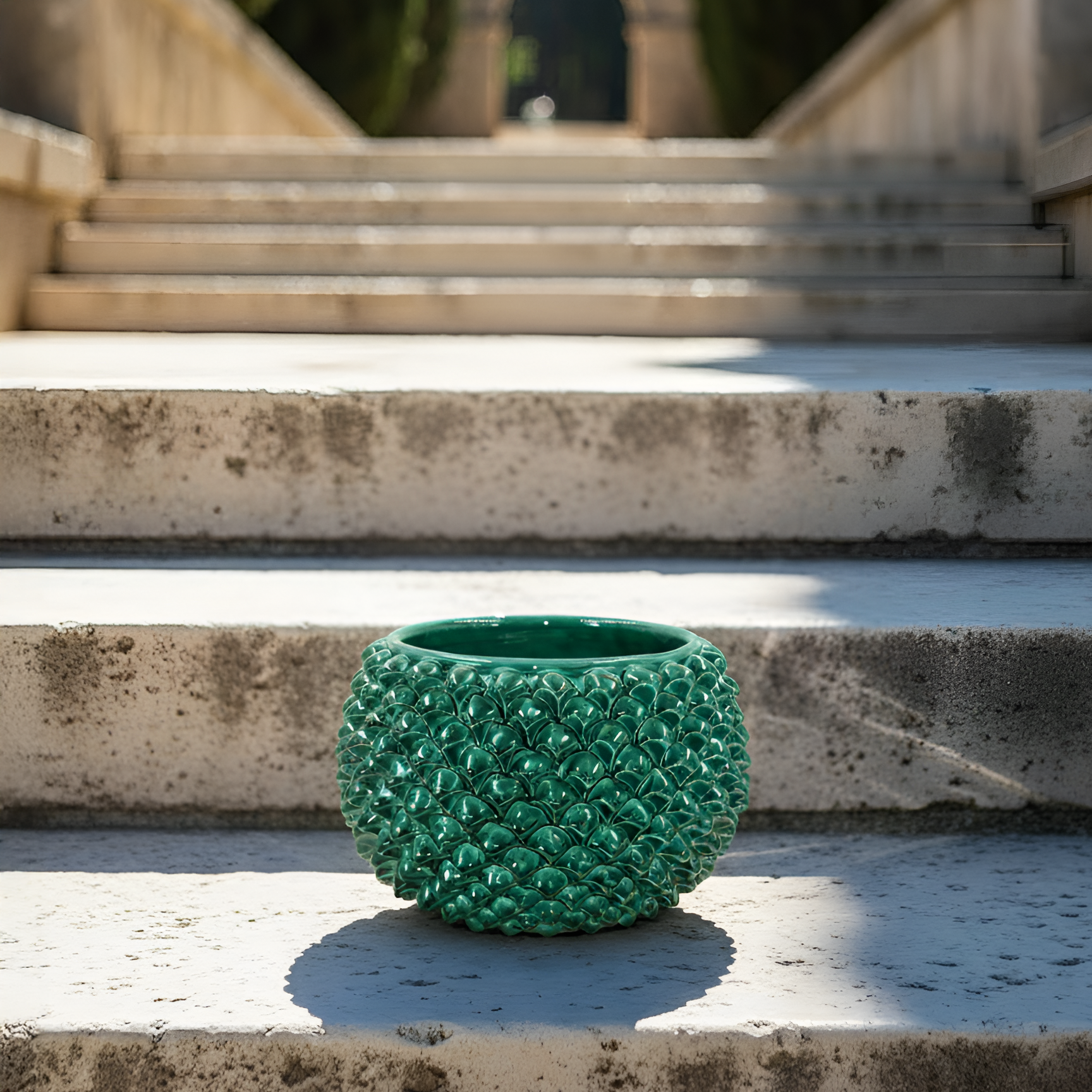Emerald green half-pineapple vase with/without base, Caltagirone ceramic