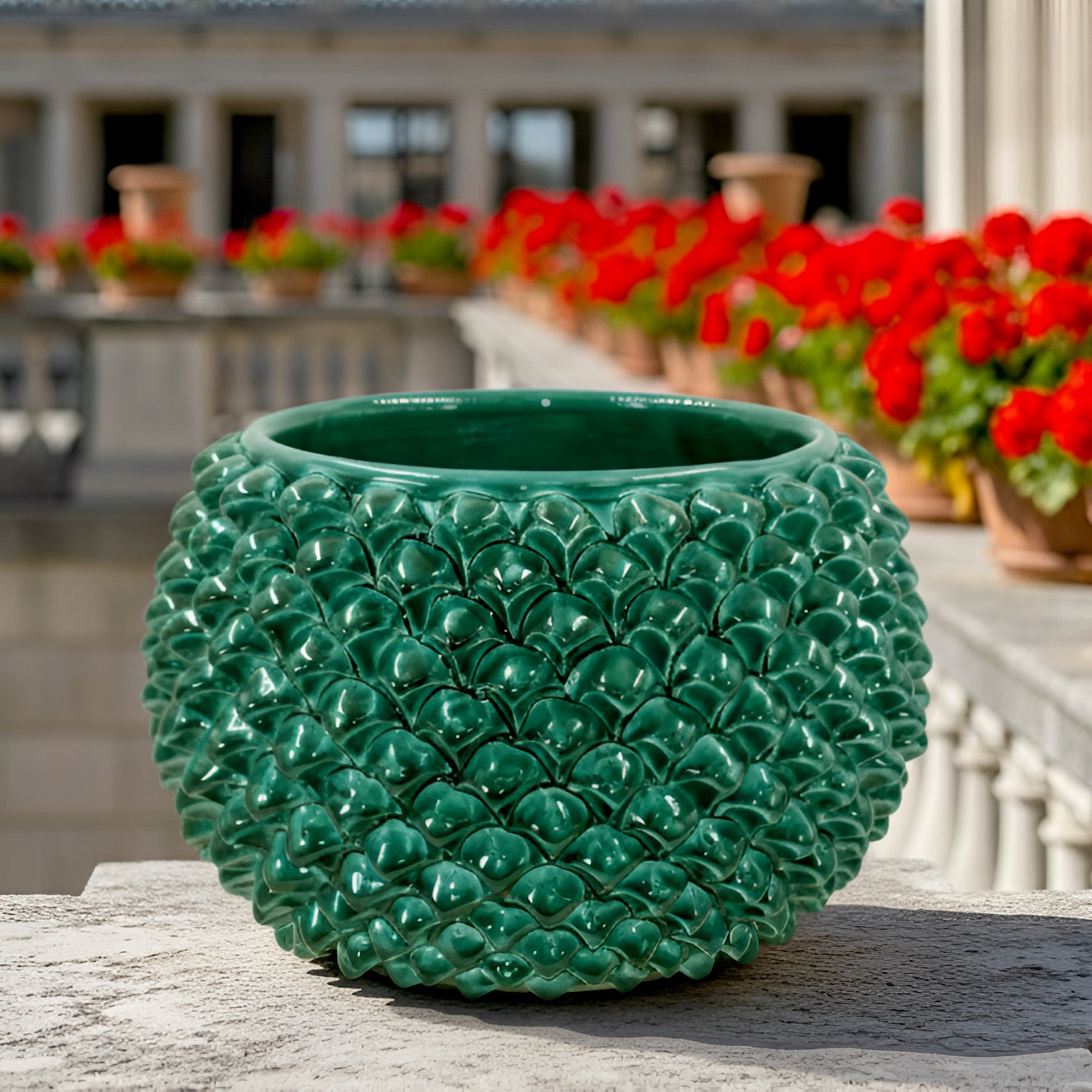 Emerald green half-pineapple vase with/without base, Caltagirone ceramic