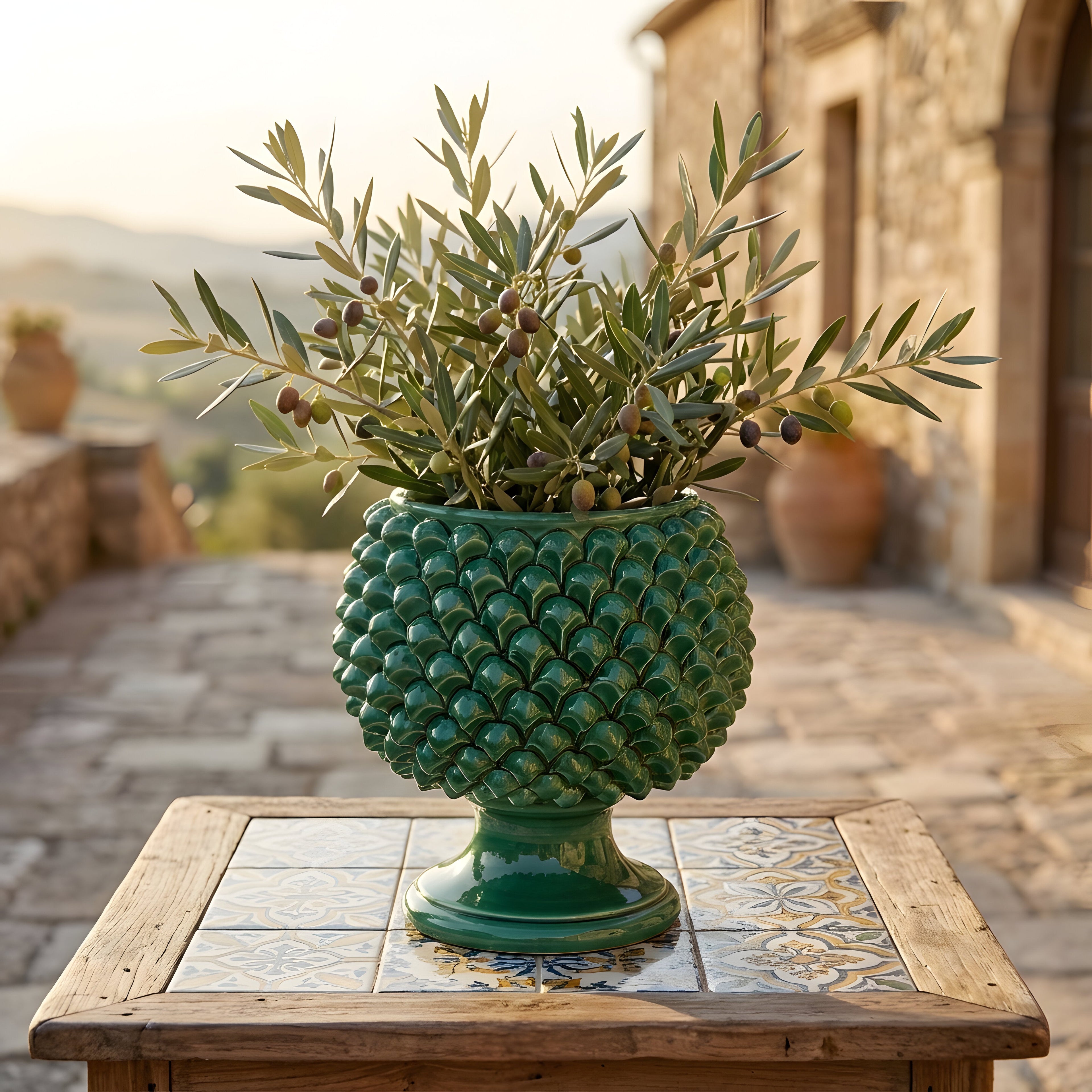 Emerald green half-pineapple vase in Caltagirone ceramic